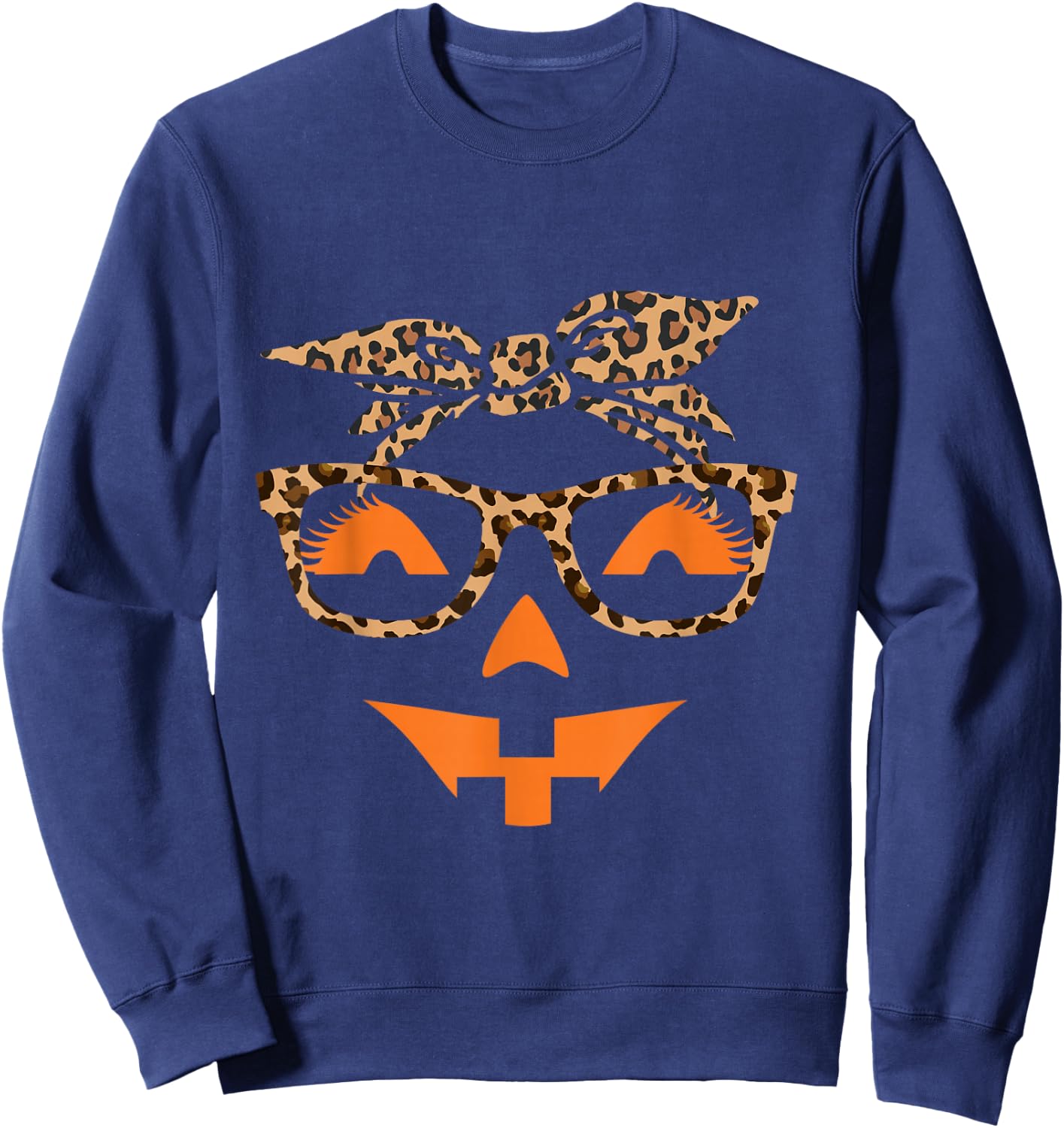 Jack O Lantern Face Leopard Halloween Pumpkin Women Sweatshirt - Sweatshirt | Navy