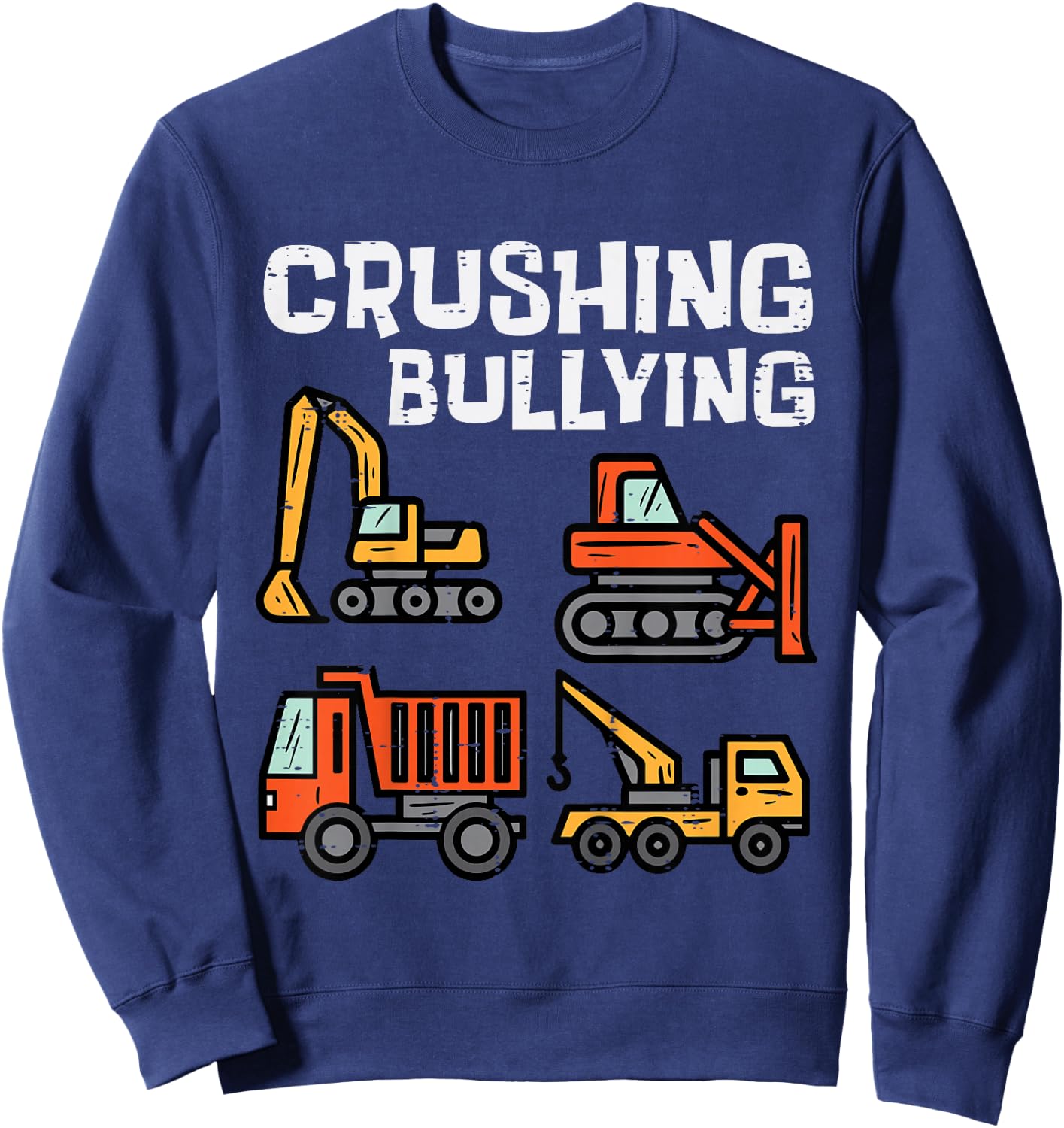 Kids Crushing Bullying Construction Trucks Orange Unity Day Boys Sweatshirt - Sweatshirt | Navy