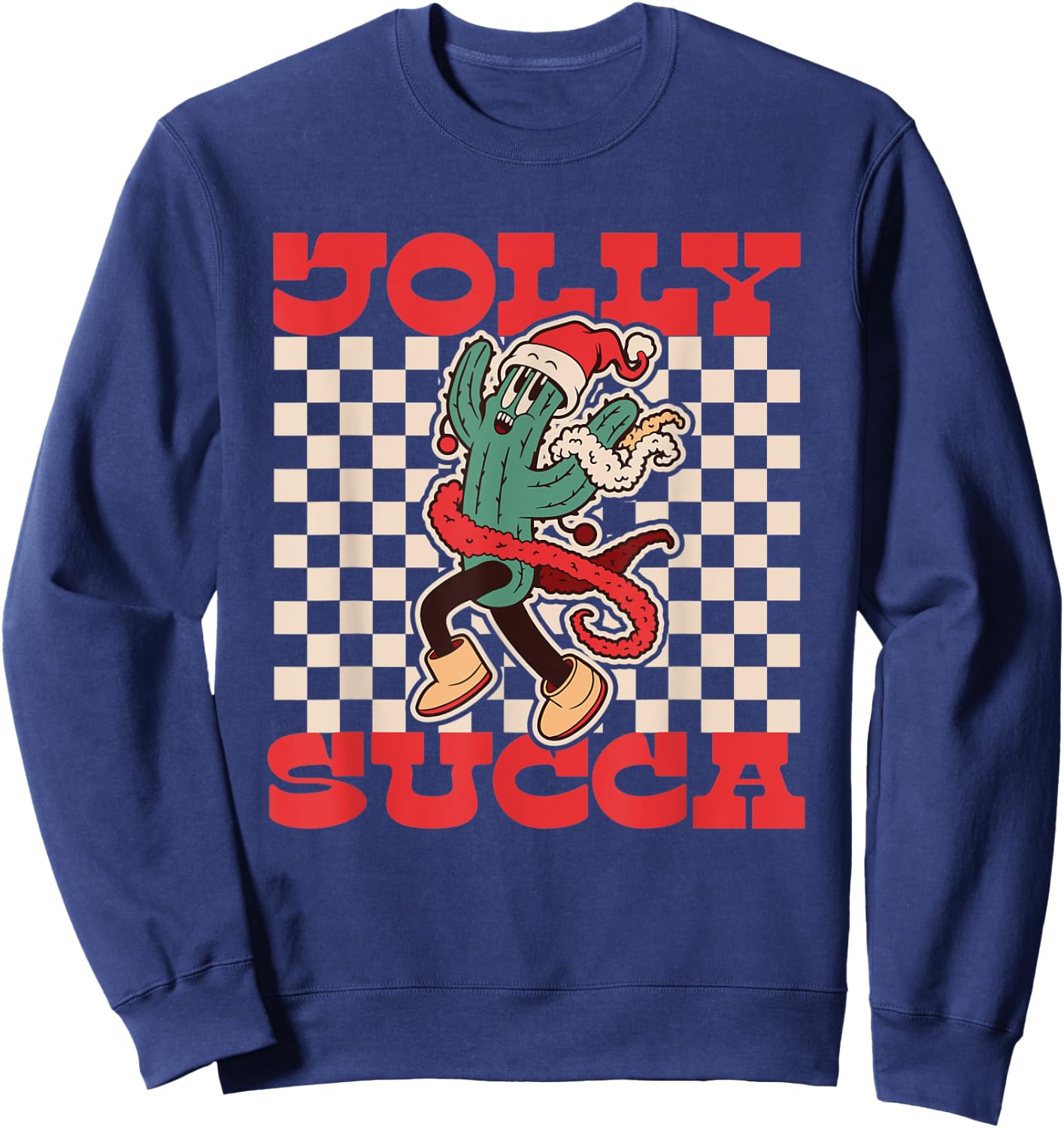 Jolly Succa | Succulent | Retro Cartoon Christmas Cactus Sweatshirt - Sweatshirt | Navy