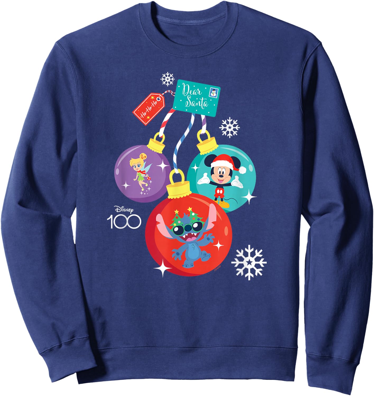 Disney 100 Mickey Stitch Tinker Bell Christmas Ornaments Sweatshirt - Sweatshirt | Navy