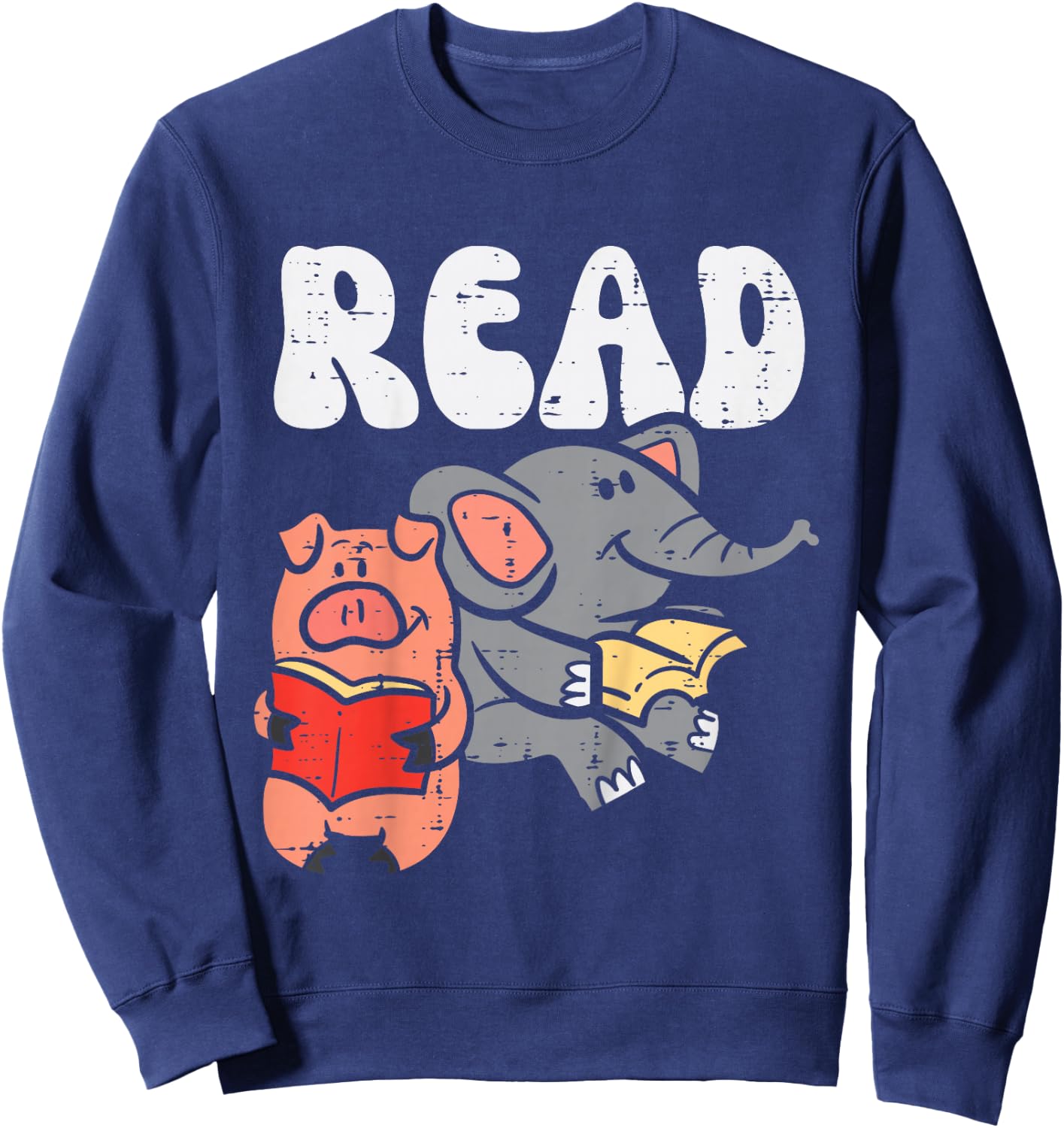 Pig Elephant Reading Cute Book Lover Bookworm Boys Girls Kid Sweatshirt - Sweatshirt | Navy