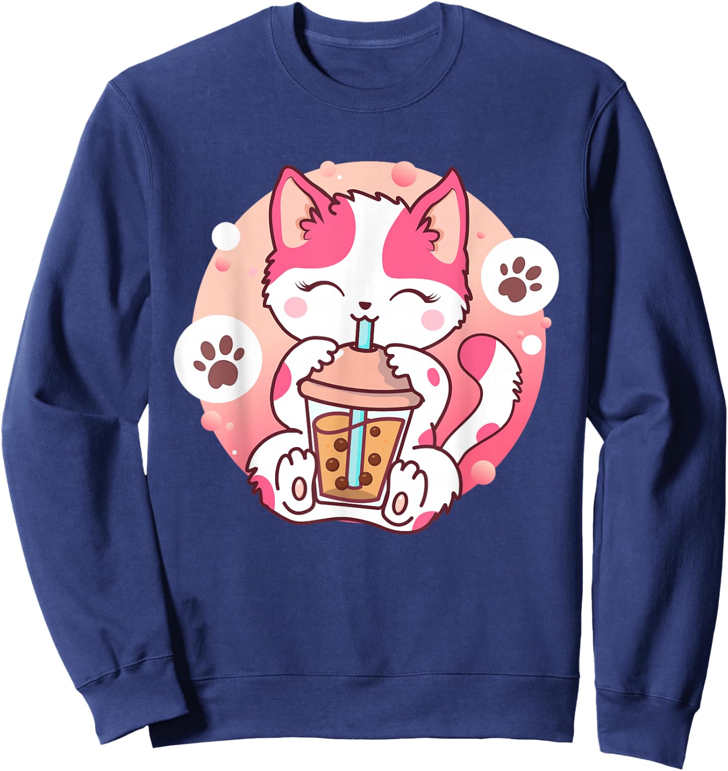 Cat Boba Tea Anime Kawaii Neko Bubble Tea Teen Girl Boba Cat Sweatshirt - Sweatshirt | Navy