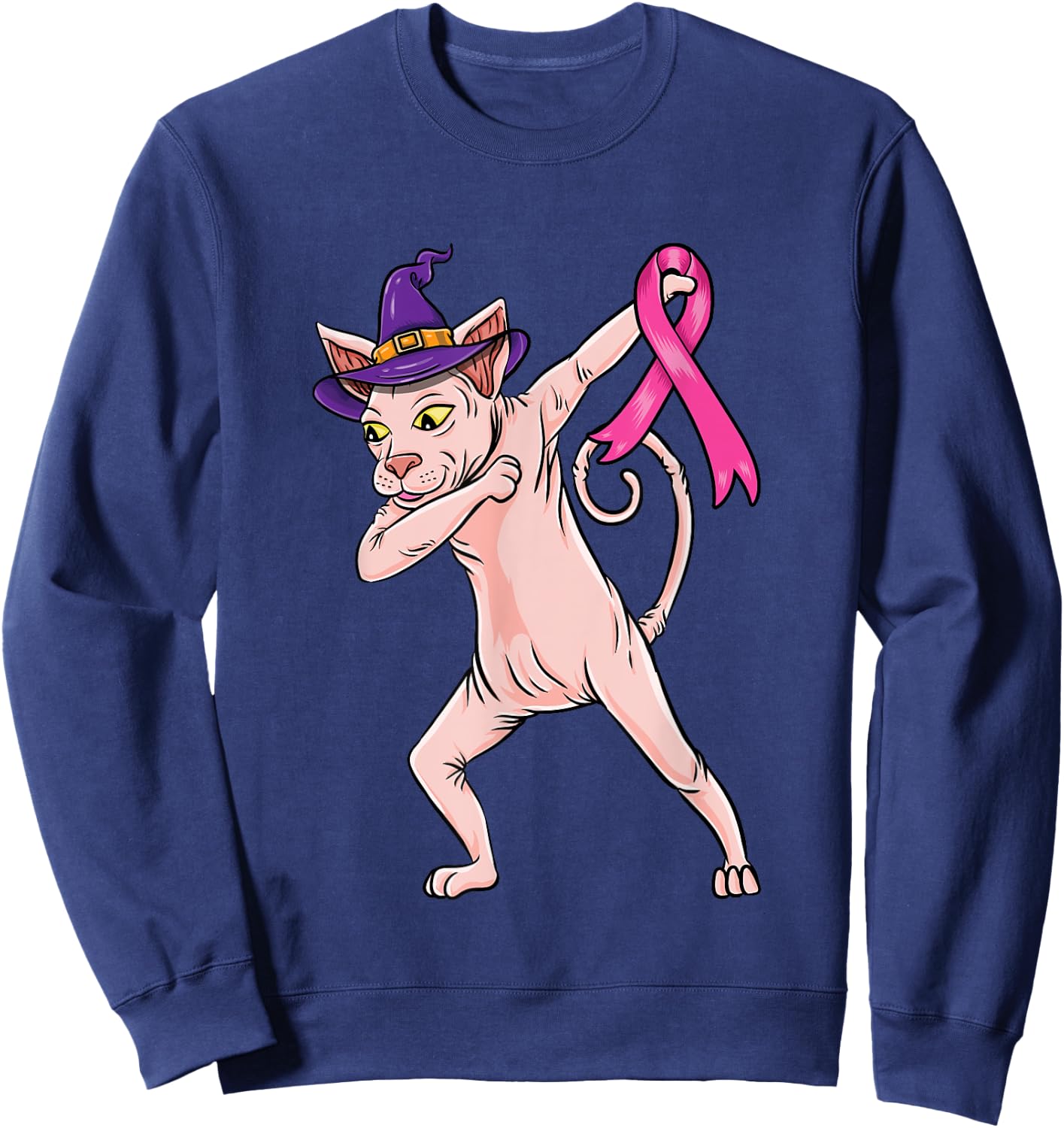 Dabbing Witch Sphynx Cat Breast Cancer Halloween Sweatshirt - Sweatshirt | Navy