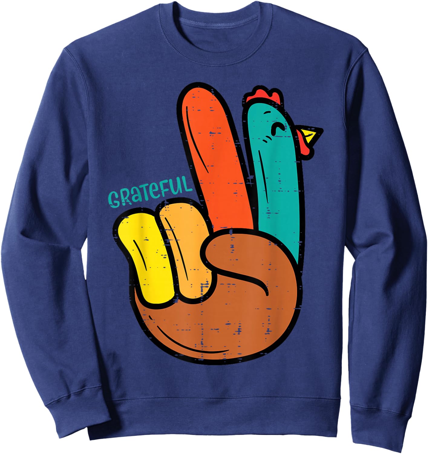 Peace Hand Turkey Grateful Thanksgiving Hippi Men Women Kids Sweatshirt - Sweatshirt | Navy