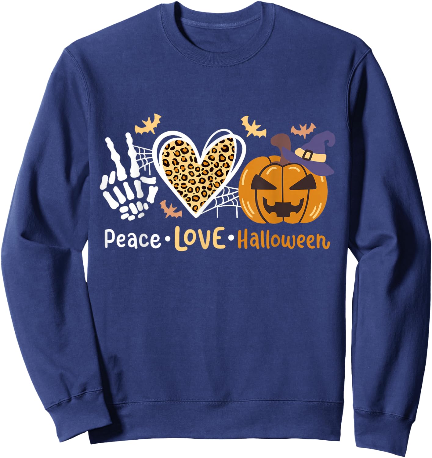 Peace Love Halloween Costume Pumpkin Leopard Heart Party Sweatshirt - Sweatshirt | Navy