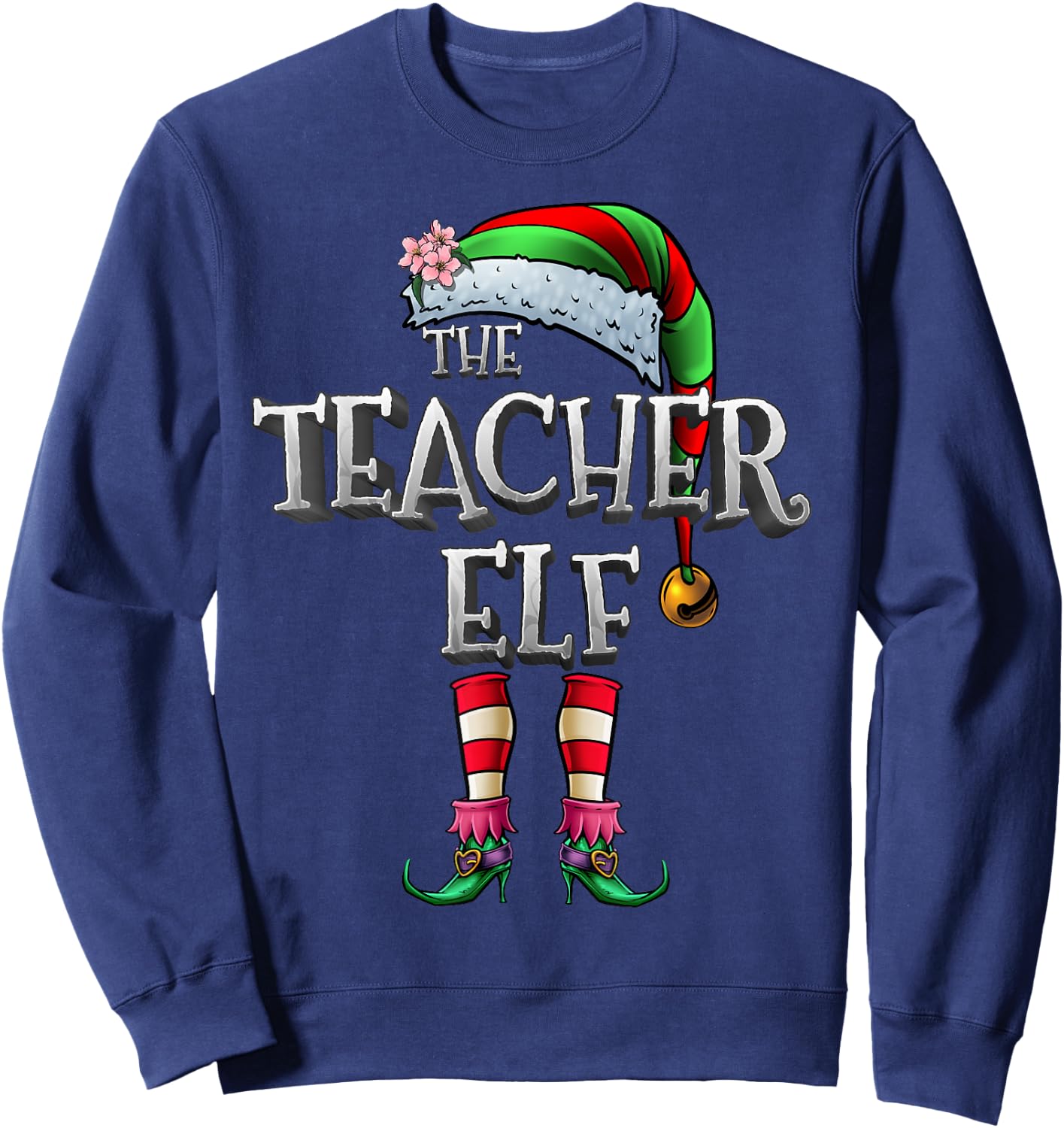 The Teacher Elf Shirt Matching Family Funny Christmas Elf Men Women Kids Sweatshirt - Sweatshirt | Navy