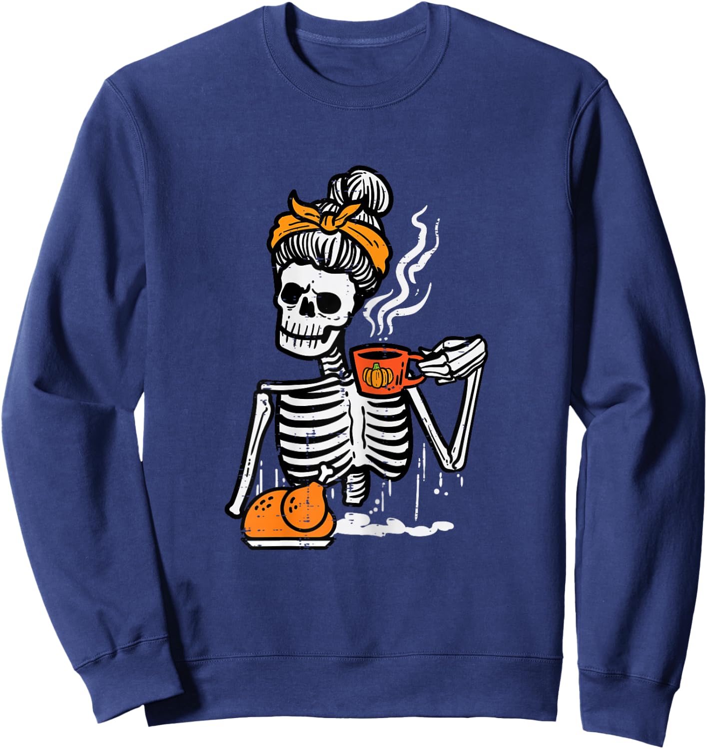 Thanksgiving Skeleton Messy Bun Pumpkin Coffee Women Girls Sweatshirt - Sweatshirt | Navy
