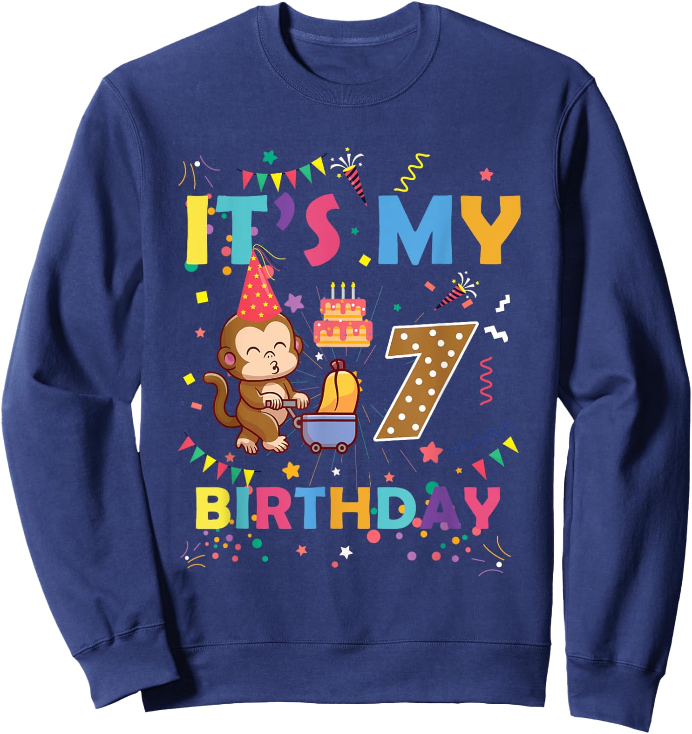 It's My 7th Birthday Monkey 7 Year Old Boys Girls Kids Sweatshirt - Sweatshirt | Navy