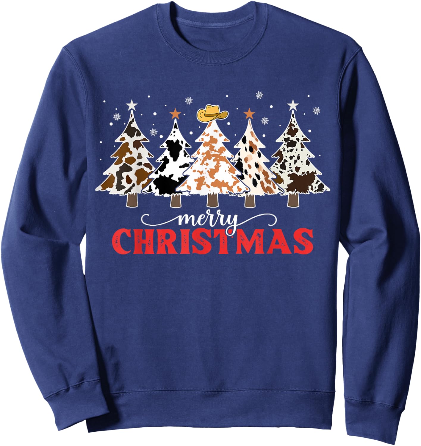 Country Christmas Tree Cowhide Xmas Cow Farm Cowboy Western Sweatshirt - Sweatshirt | Navy