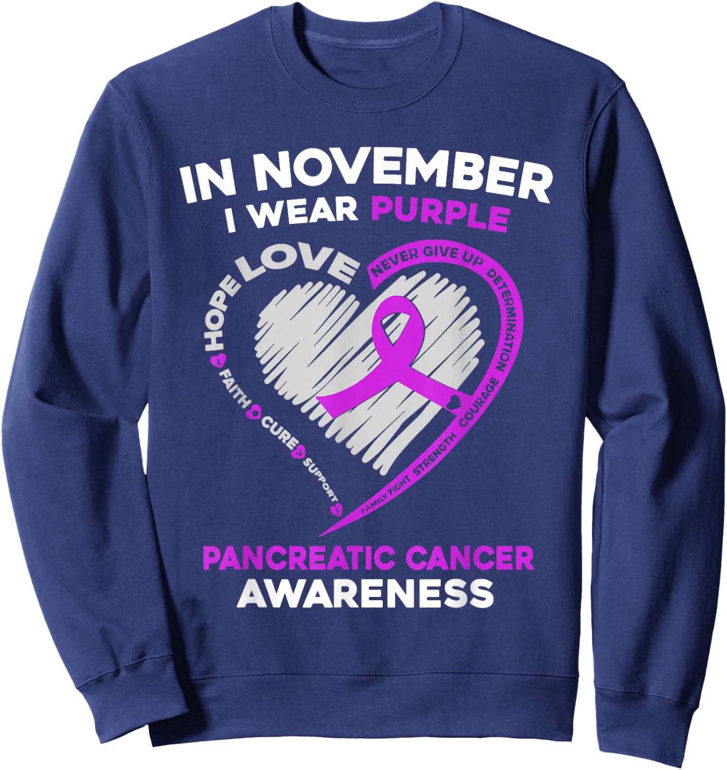 In November We Wear Purple Heart Pancreatic Cancer Awareness Sweatshirt - Sweatshirt | Navy