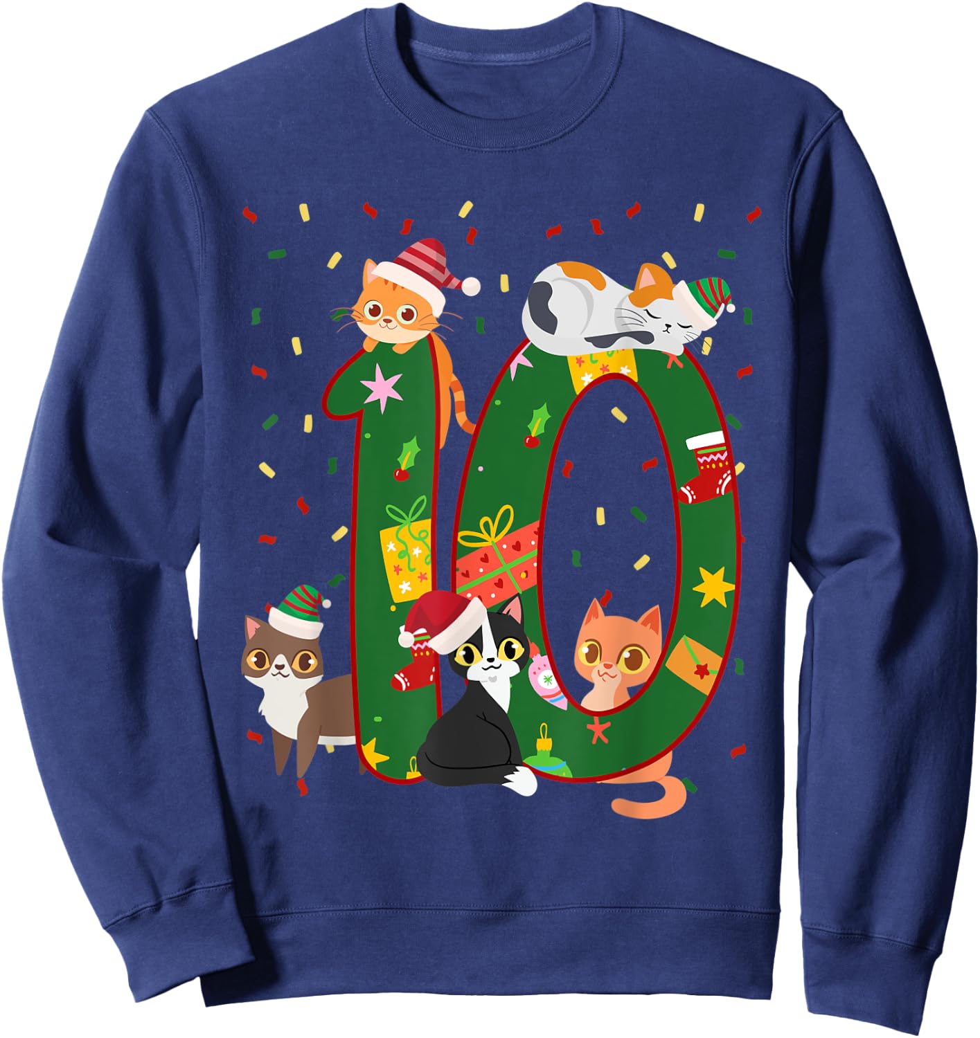 10 Years Old Kids Xmas Cute Cats 10th Birthday Christmas Sweatshirt - Sweatshirt | Navy