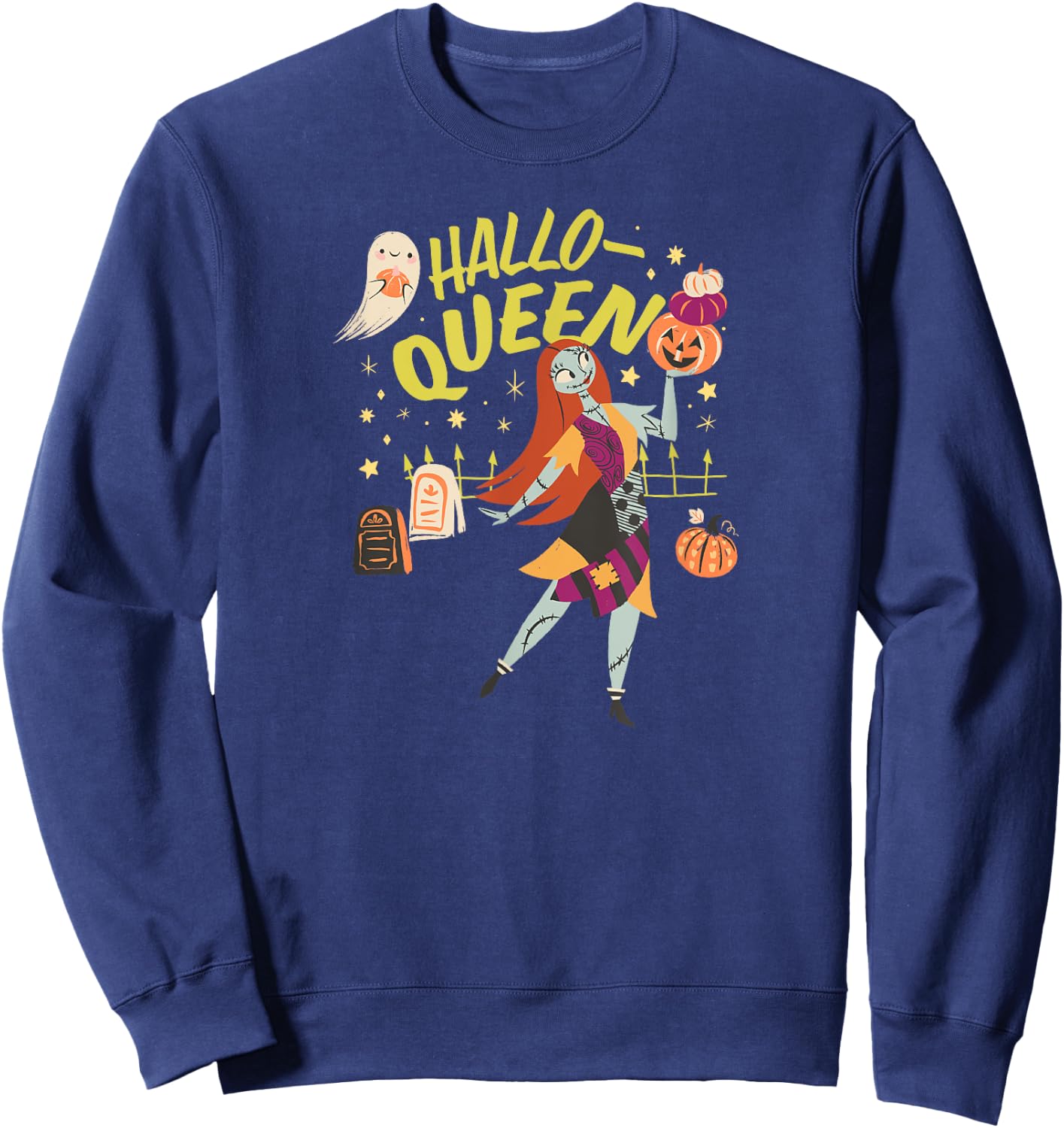Amazon Essentials Men's Nightmare Before Christmas Halloween Sally Hallo-Queen , Black Graphic Print, Small Sweatshirt - Sweatshirt | Navy