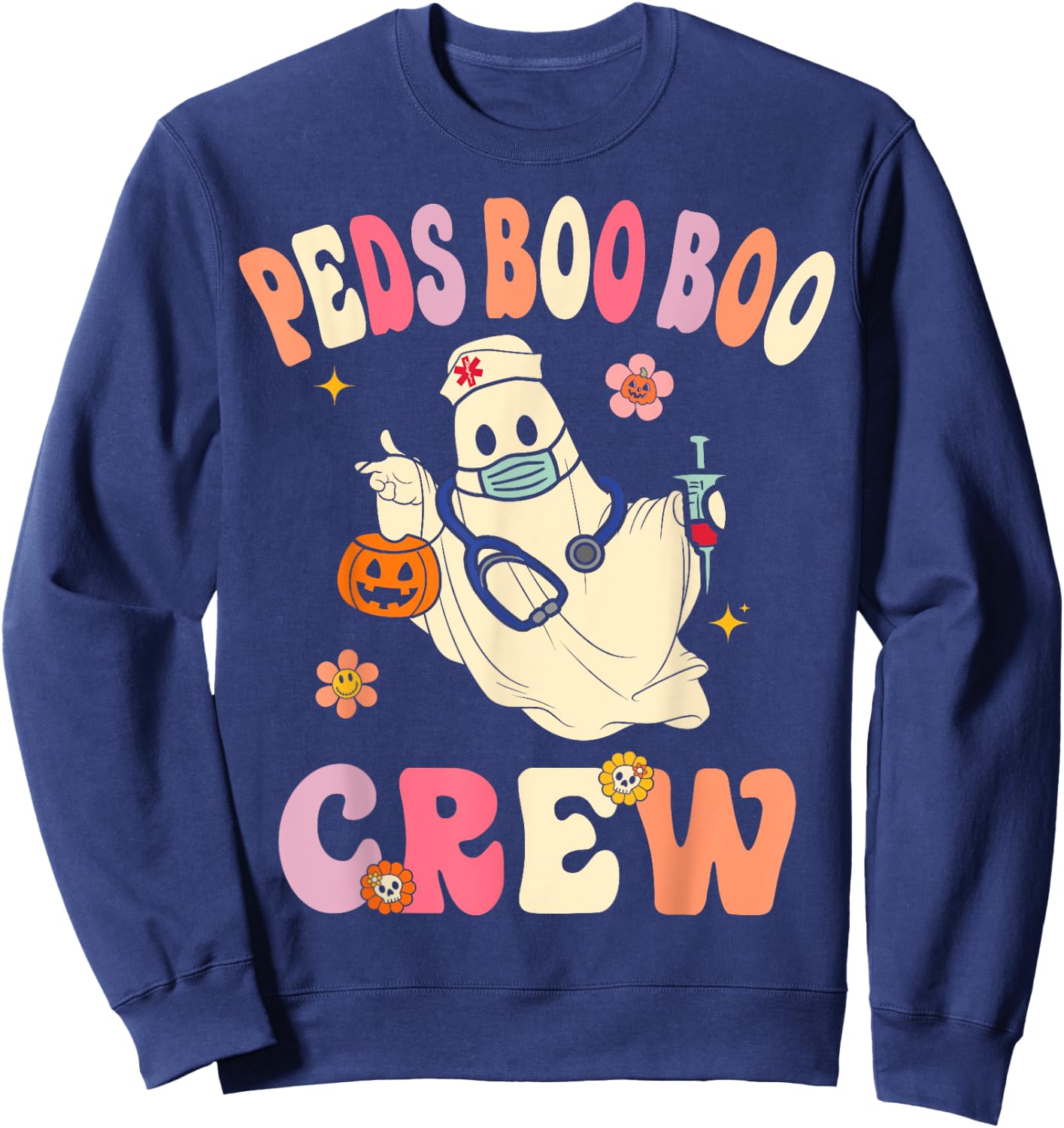 Peds Nurse Boo Crew Retro Halloween Pediatric Nurse Sweatshirt - Sweatshirt | Navy