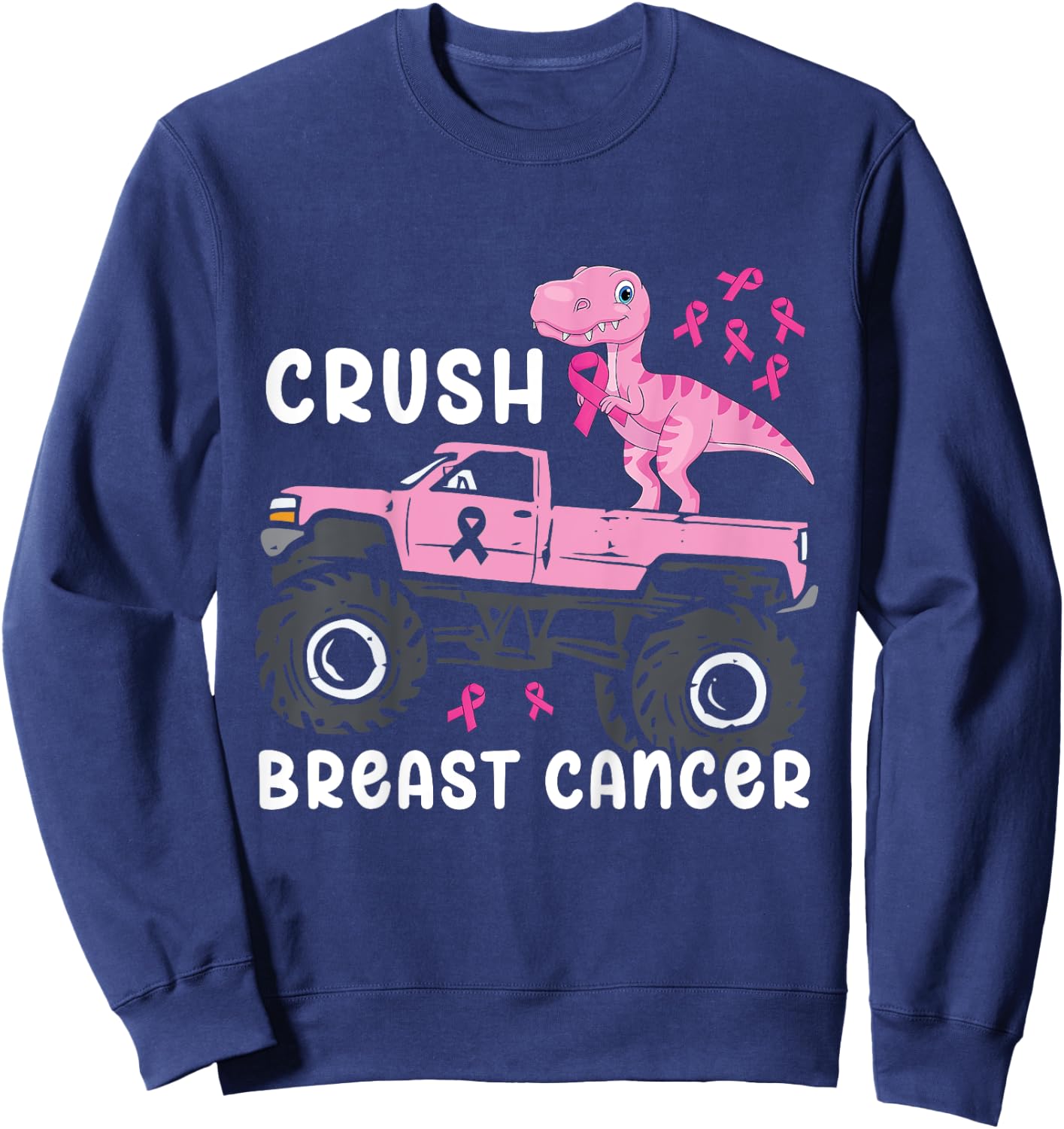 Kids Crush Breast Cancer Monster Truck Dinosaur T Rex Boys Kids Sweatshirt - Sweatshirt | Navy
