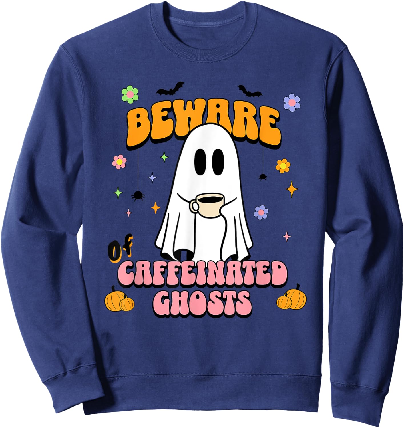 Cute Ghost Drinking Coffee Halloween Spooky Season Lover Sweatshirt - Sweatshirt | Navy