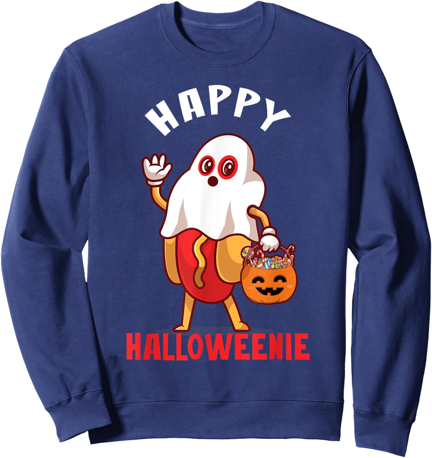 Happy Halloweenie Halloween Hot Dog Ghost Funny Sweatshirt - Sweatshirt | Navy