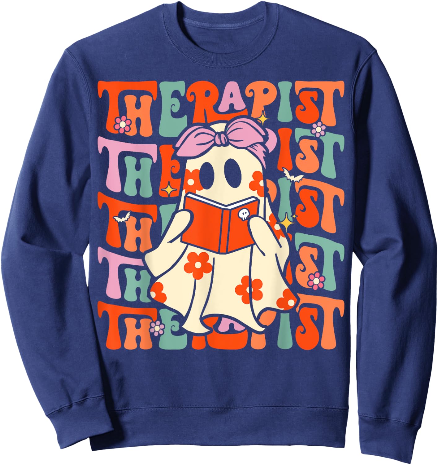 Therapist Groovy Halloween Retro Ghost Mental Health Therapy Sweatshirt - Sweatshirt | Navy