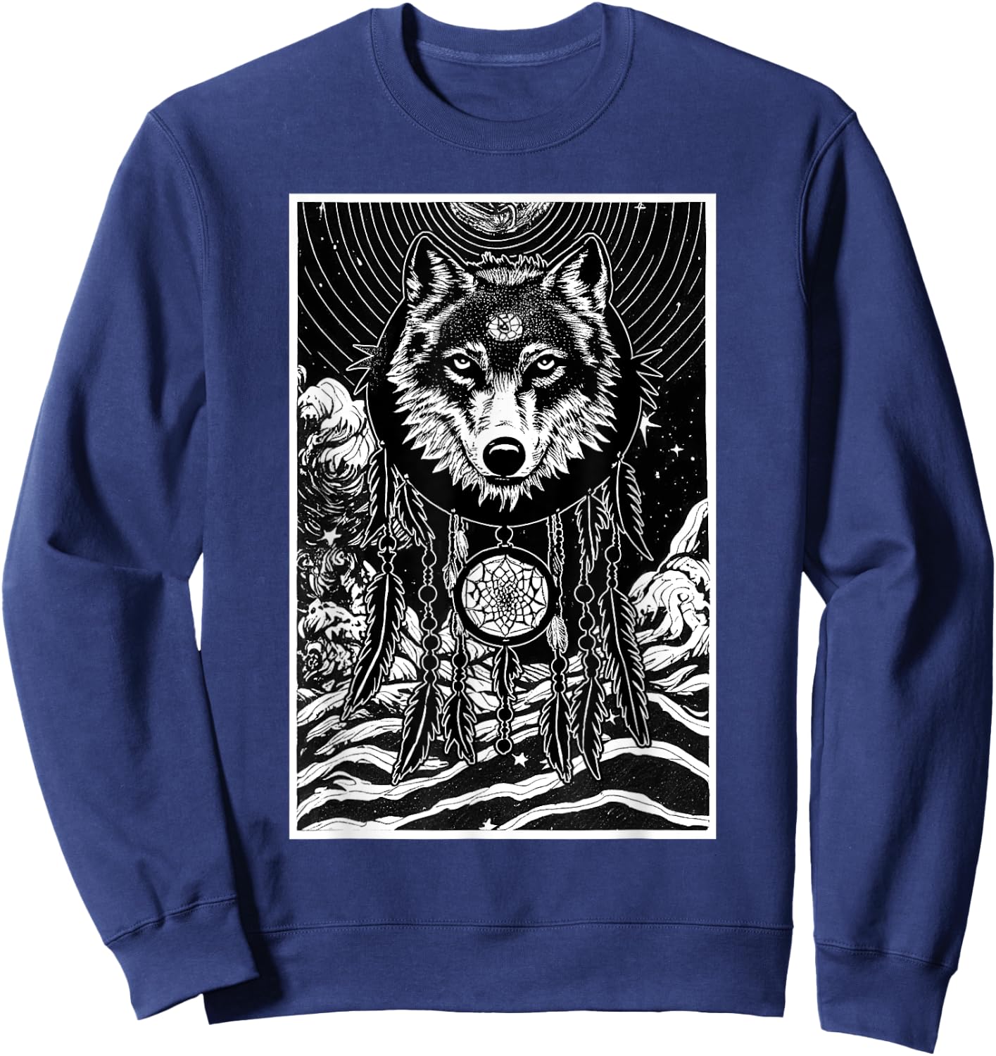 Dreamcatcher Wolf Full Moon Wiccan Native American Sweatshirt - Sweatshirt | Navy