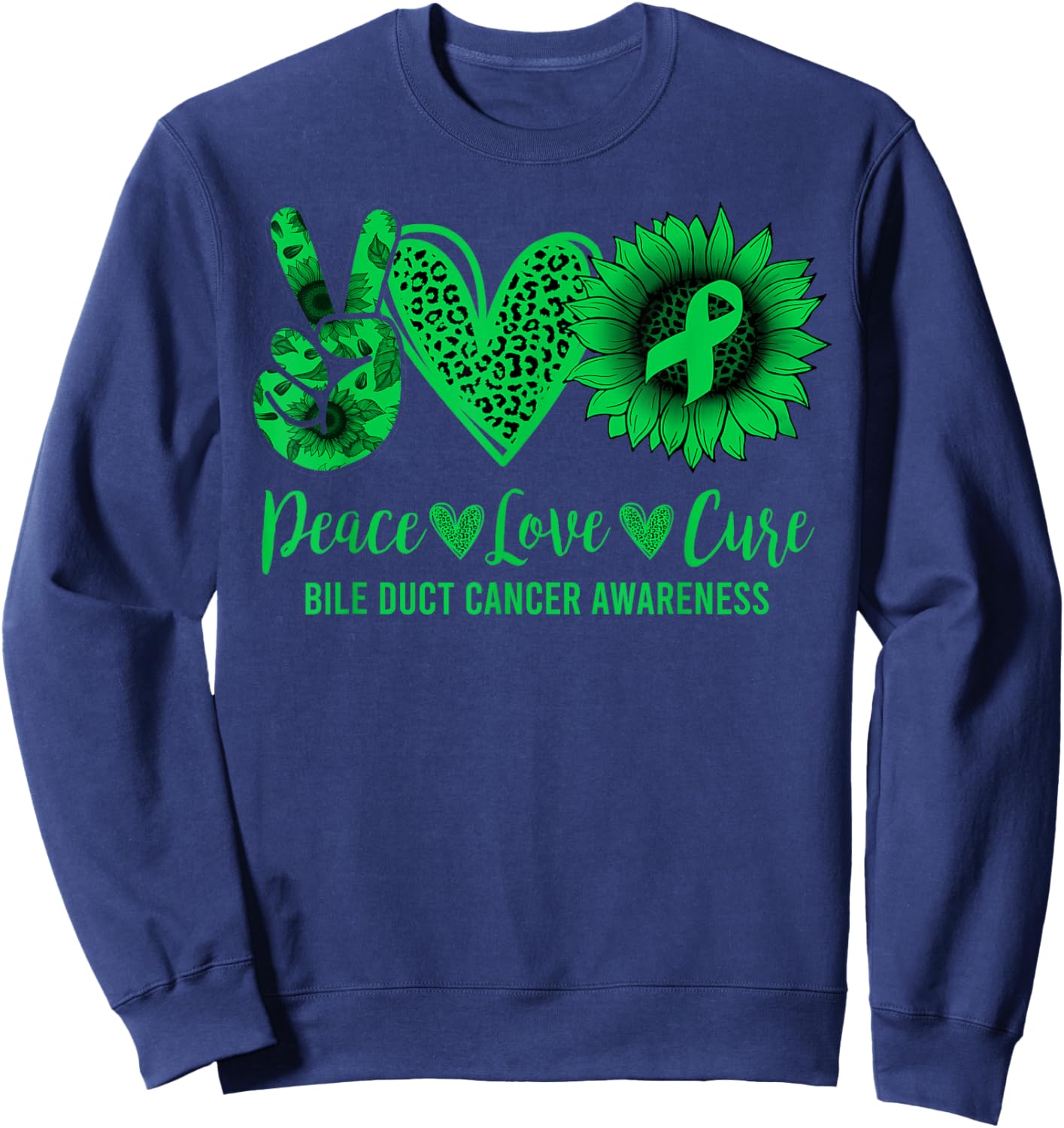 Peace Love Cure Sunflower Bile Duct Cancer Awareness Warrior Sweatshirt - Sweatshirt | Navy