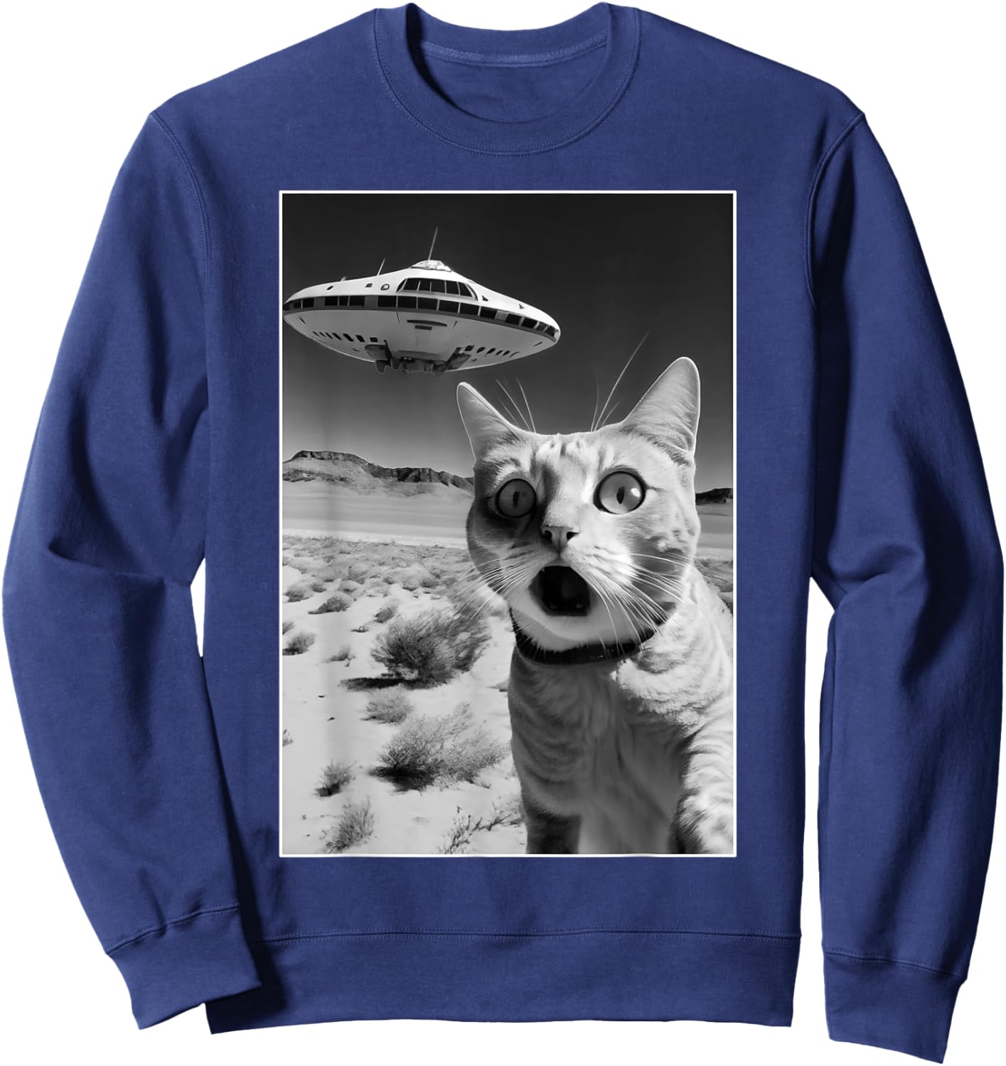 A cat taking a selfie with a ufo spaceship - funny pun meme Men Women Kids Sweatshirt - Sweatshirt | Navy