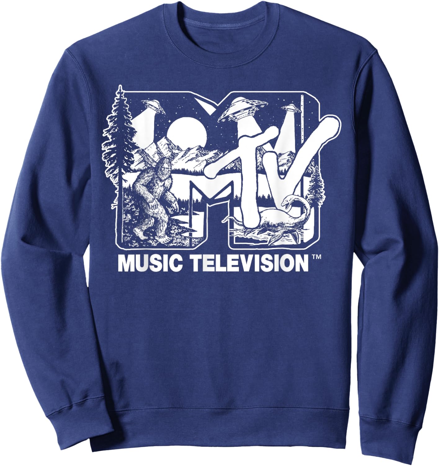 Mademark x MTV - Cryptid-Filled MTV Logo Feat. Bigfoot, UFO, & Nessie Sketch Sweatshirt - Sweatshirt | Navy