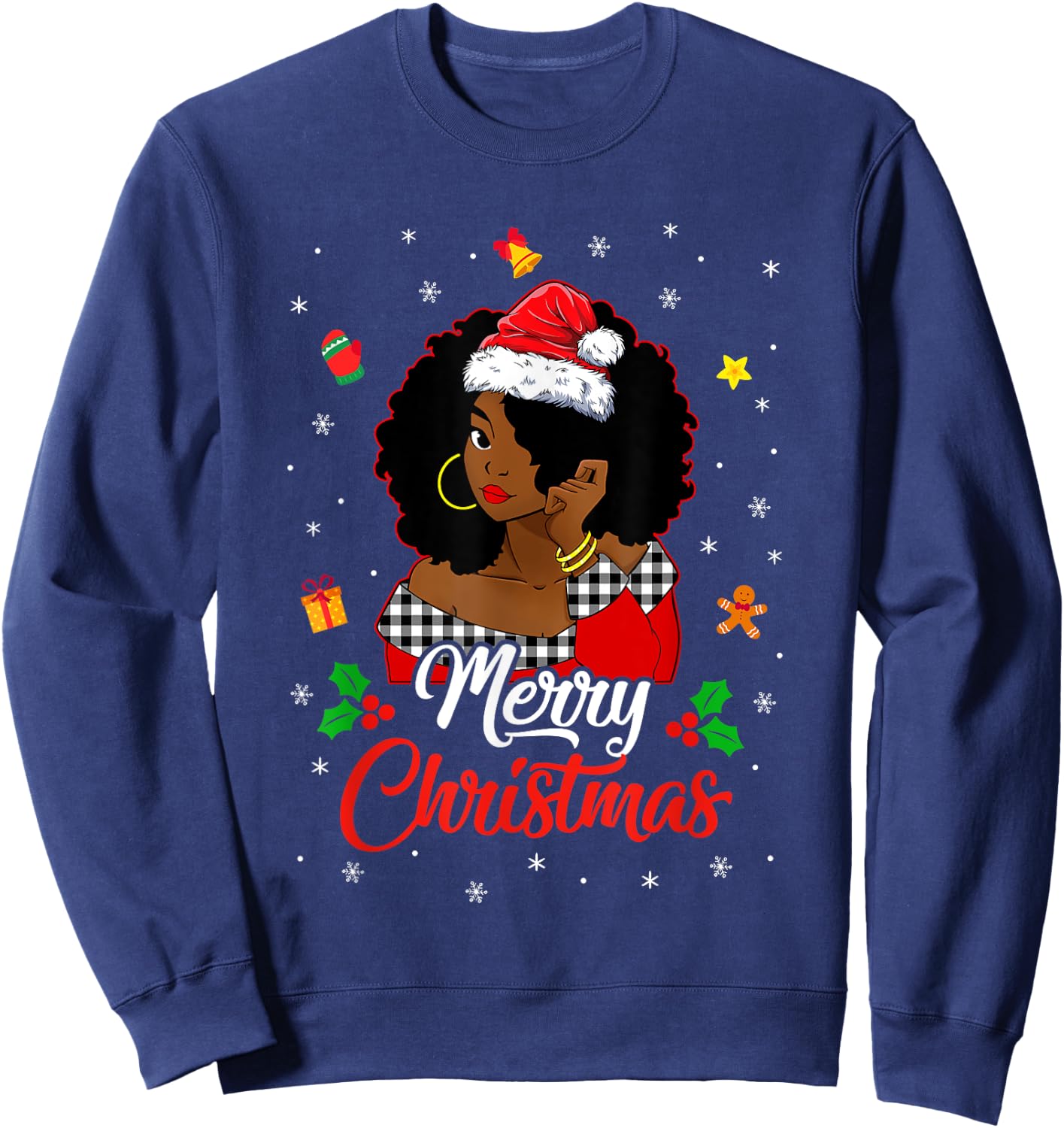 Black African Girl American Melanin Christmas Santa Hat Xmas Sweatshirt - Sweatshirt | Navy