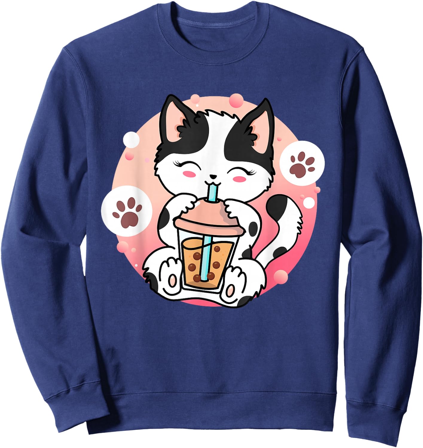 Cat Boba Tea Anime Kawaii Neko Bubble Tea Teen Girl Boba Cat Sweatshirt - Sweatshirt | Navy