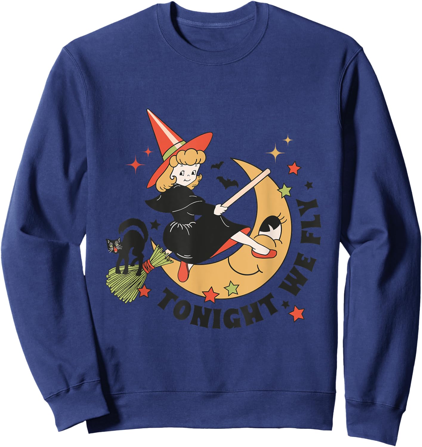 Vintage Tonight We Fly Witch On Broom Cat Retro Halloween Women Kids Sweatshirt - Sweatshirt | Navy