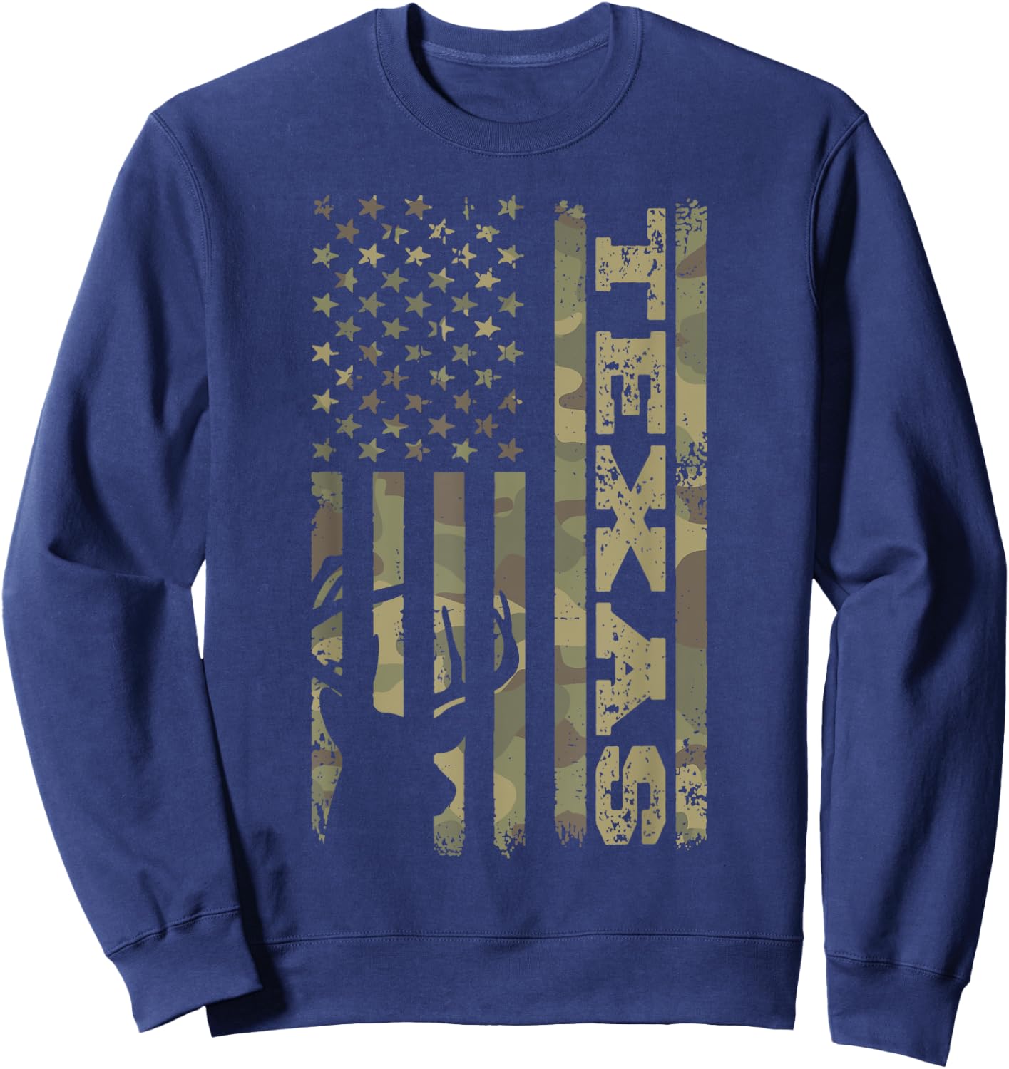 Texas Deer Hunter Vintage Deer Hunting Camo USA Flag Sweatshirt - Sweatshirt | Navy