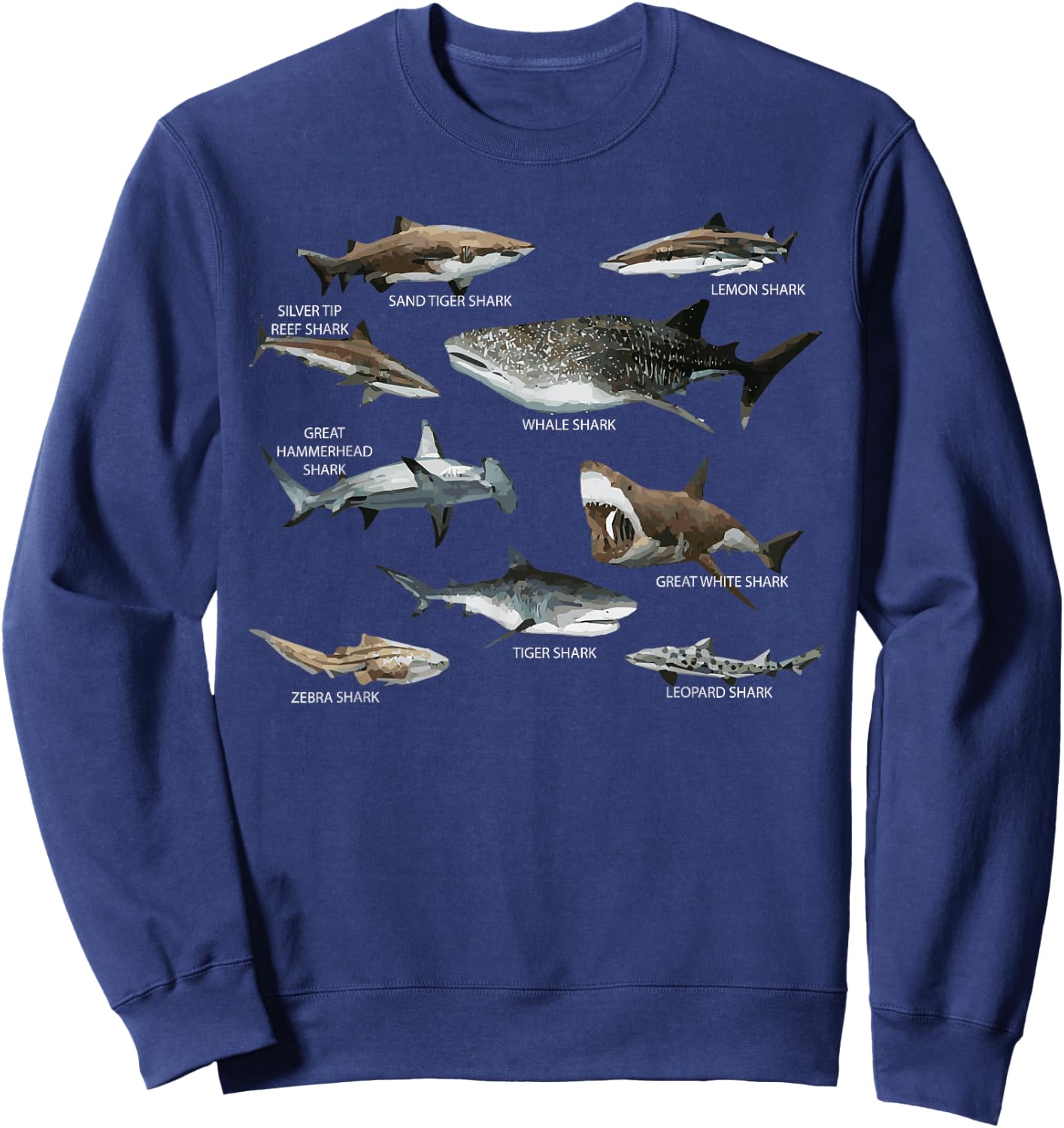 Educational Shark Types Faces Sea Mammals Marine Biologist Sweatshirt - Sweatshirt | Navy