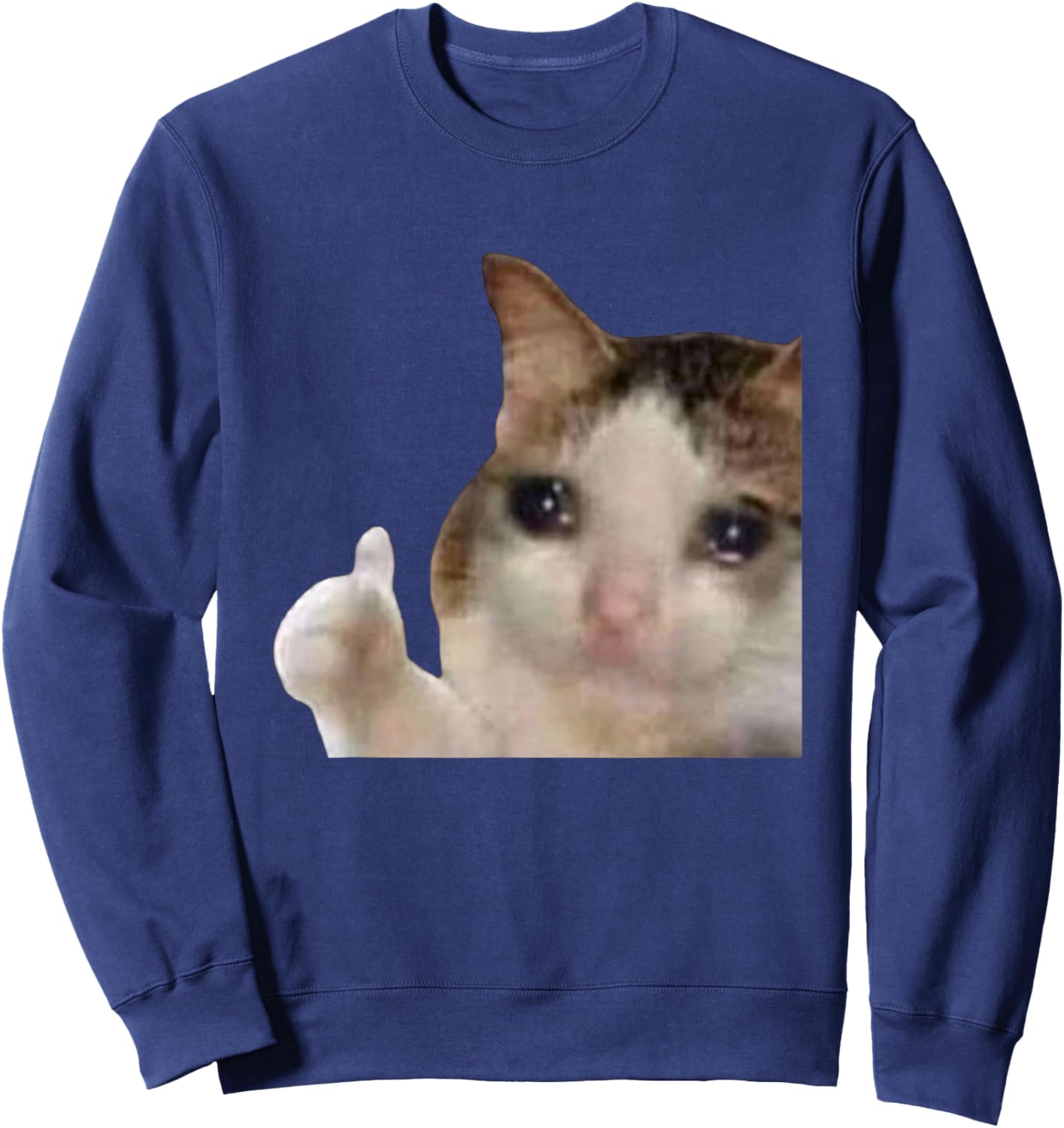 Funny Cute Crying Cat Sad Tears Thumbs Up Meme Gen Z Humor Sweatshirt - Sweatshirt | Navy