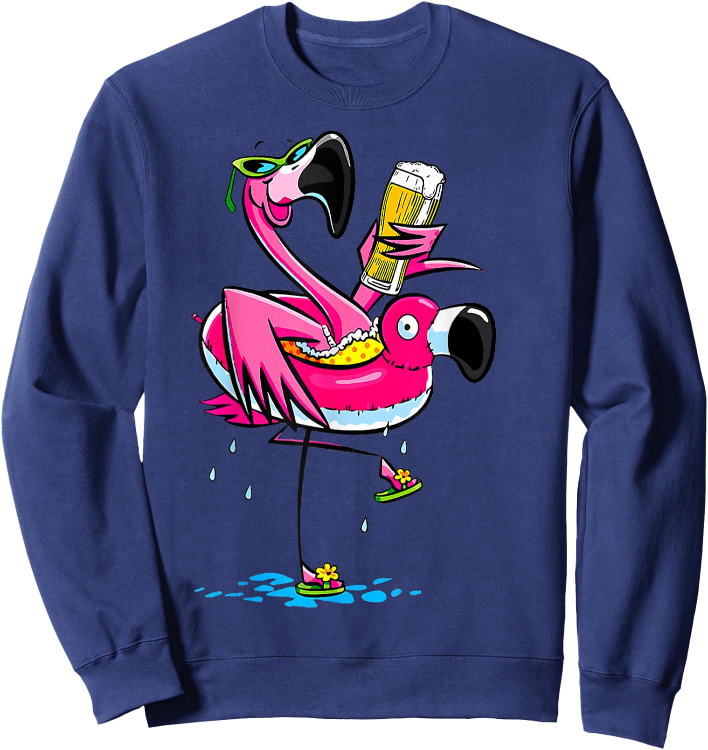Funny Flamingo Drinking Beer Hawaiian Summer Tropical Women Sweatshirt - Sweatshirt | Navy