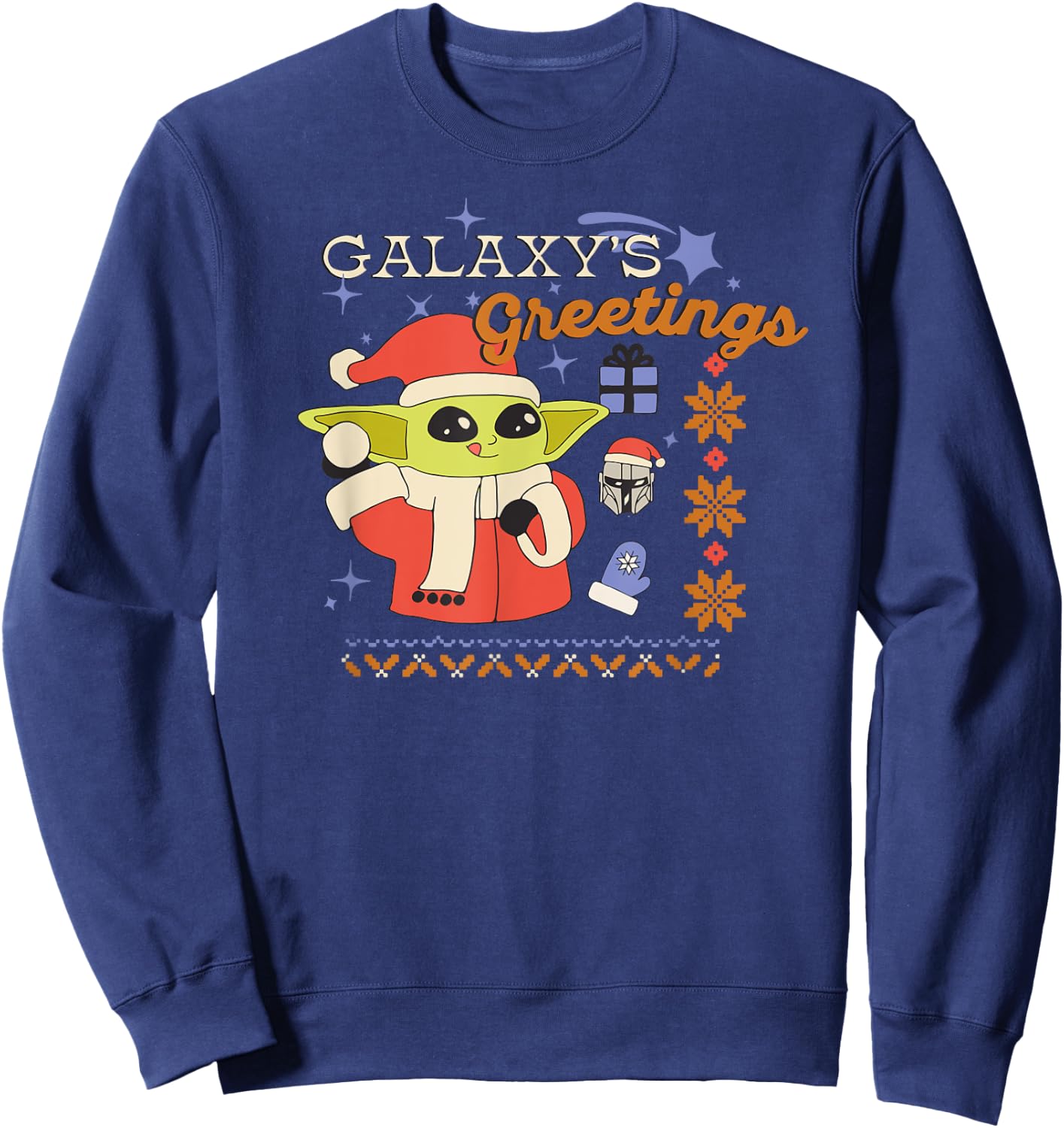 Amazon Essentials Men's The Mandalorian Grogu Christmas Holiday Galaxy's Greetings , Black Graphic Print, Small Sweatshirt - Sweatshirt | Navy