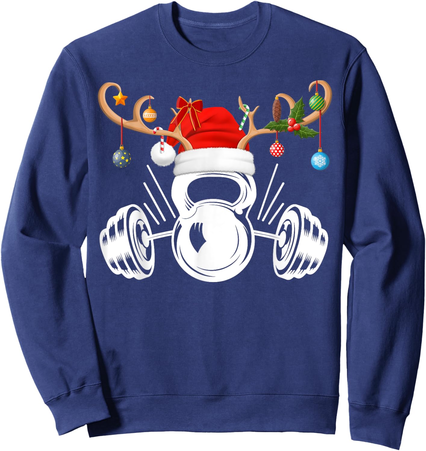 Funny Reindeer Santa Hat Weightlifting Fitness Christmas Sweatshirt - Sweatshirt | Navy