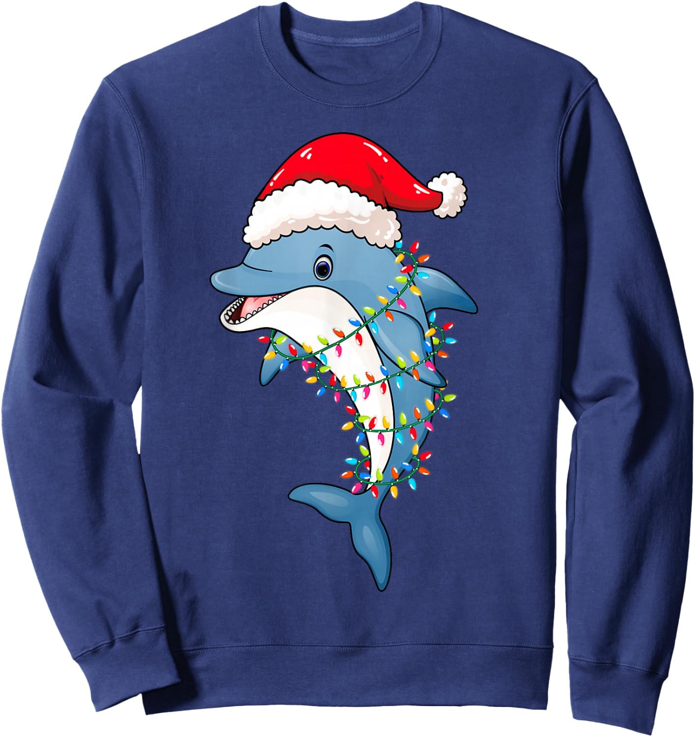 Christmas Lights Dolphin Wearing Xmas Hat - Dolphin Lover Sweatshirt - Sweatshirt | Navy