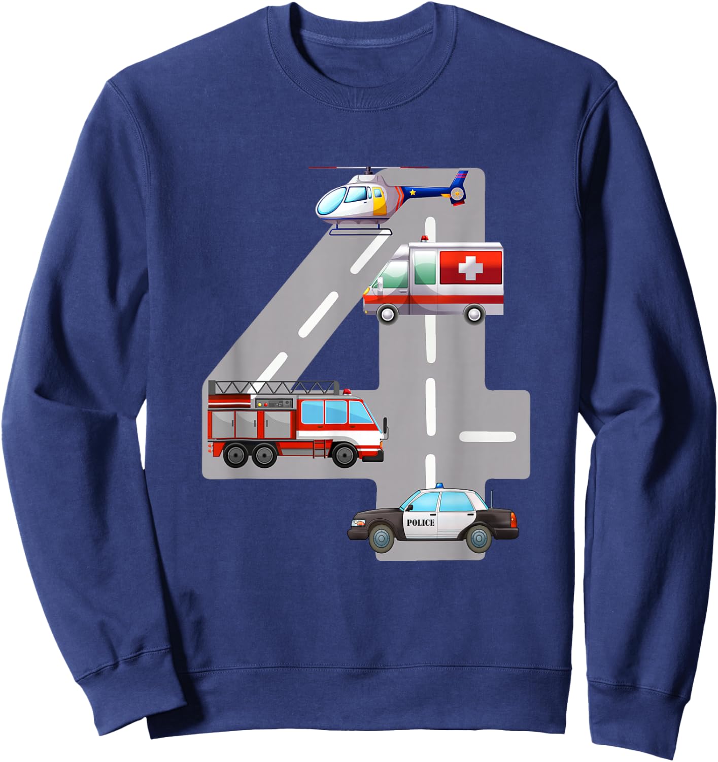Emergency Vehicles 4th Birthday Fire Truck Police Car Boys Sweatshirt - Sweatshirt | Navy