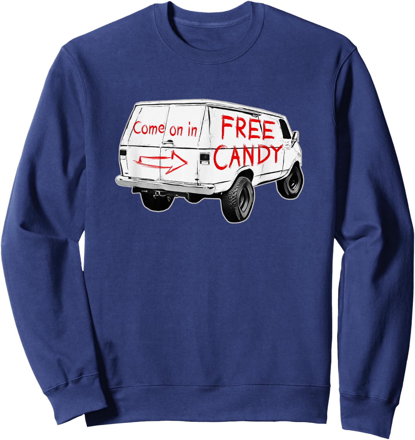 Redds Threads -Adults - Free Candy - Come On In - Creepy Van - Black - Small - Short Sleeve - Modern - Humorous Design Sweatshirt - Sweatshirt | Navy