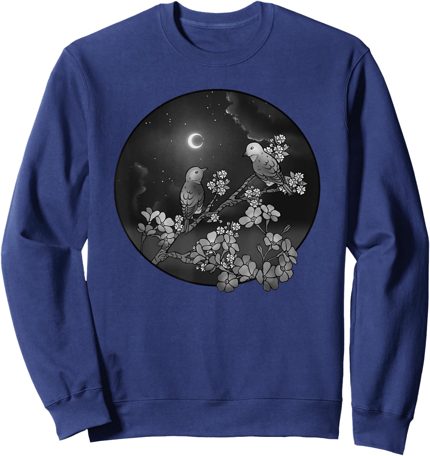 Blossoms Birds on Flowering Tree Starry Sky Crescent Moon Sweatshirt - Sweatshirt | Navy