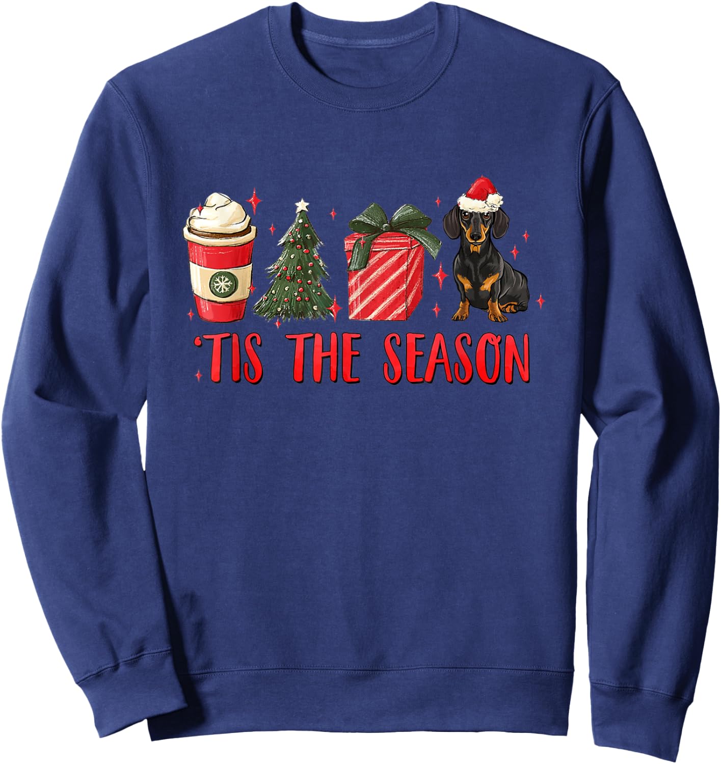 Tis The Season Christmas Tree Coffee Dachshund Santa Hat Sweatshirt - Sweatshirt | Navy