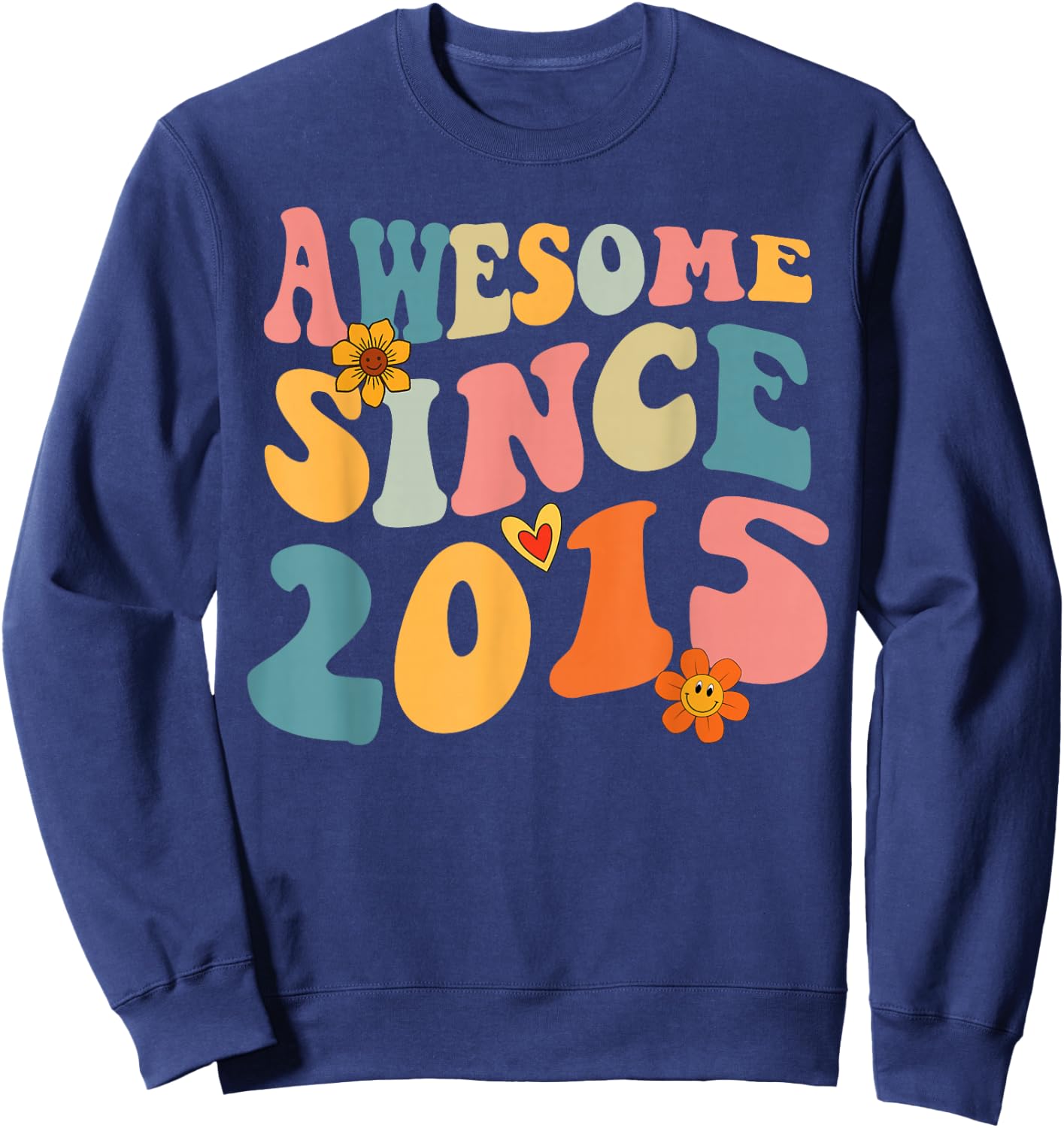 Awesome Since 2015 10 Years Old Retro Groovy 10th Birthday Sweatshirt - Sweatshirt | Navy