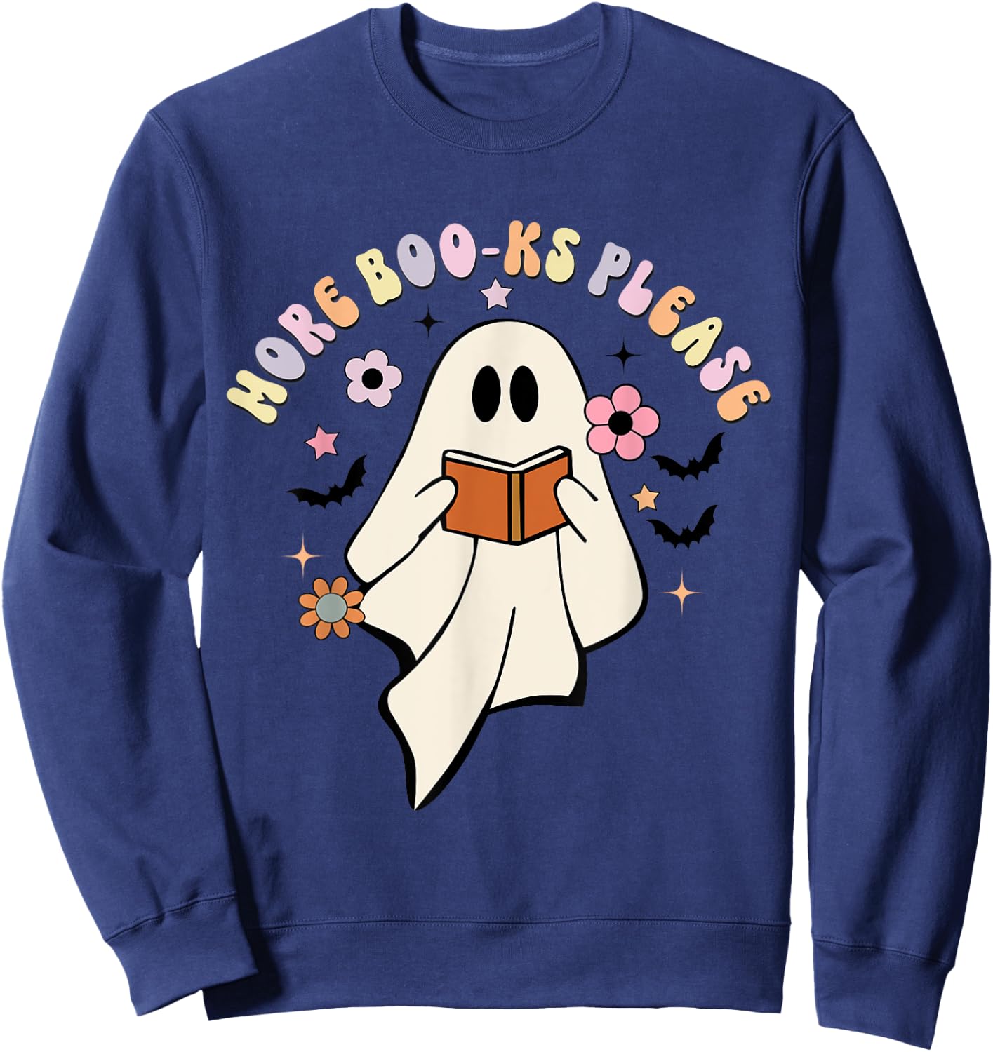 More Boo-ks Please, Retro Cute Ghost Book Reading Halloween Sweatshirt - Sweatshirt | Navy