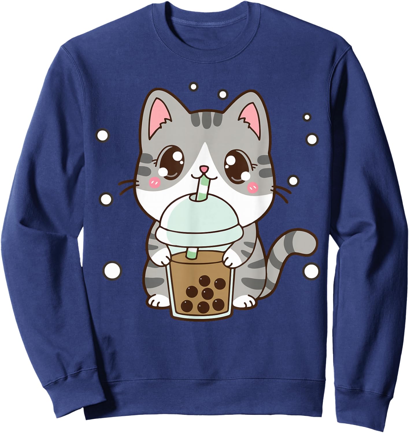 Cat Boba Tea Cat Women Teen Girl Japanese Anime Cute Graphic Sweatshirt - Sweatshirt | Navy