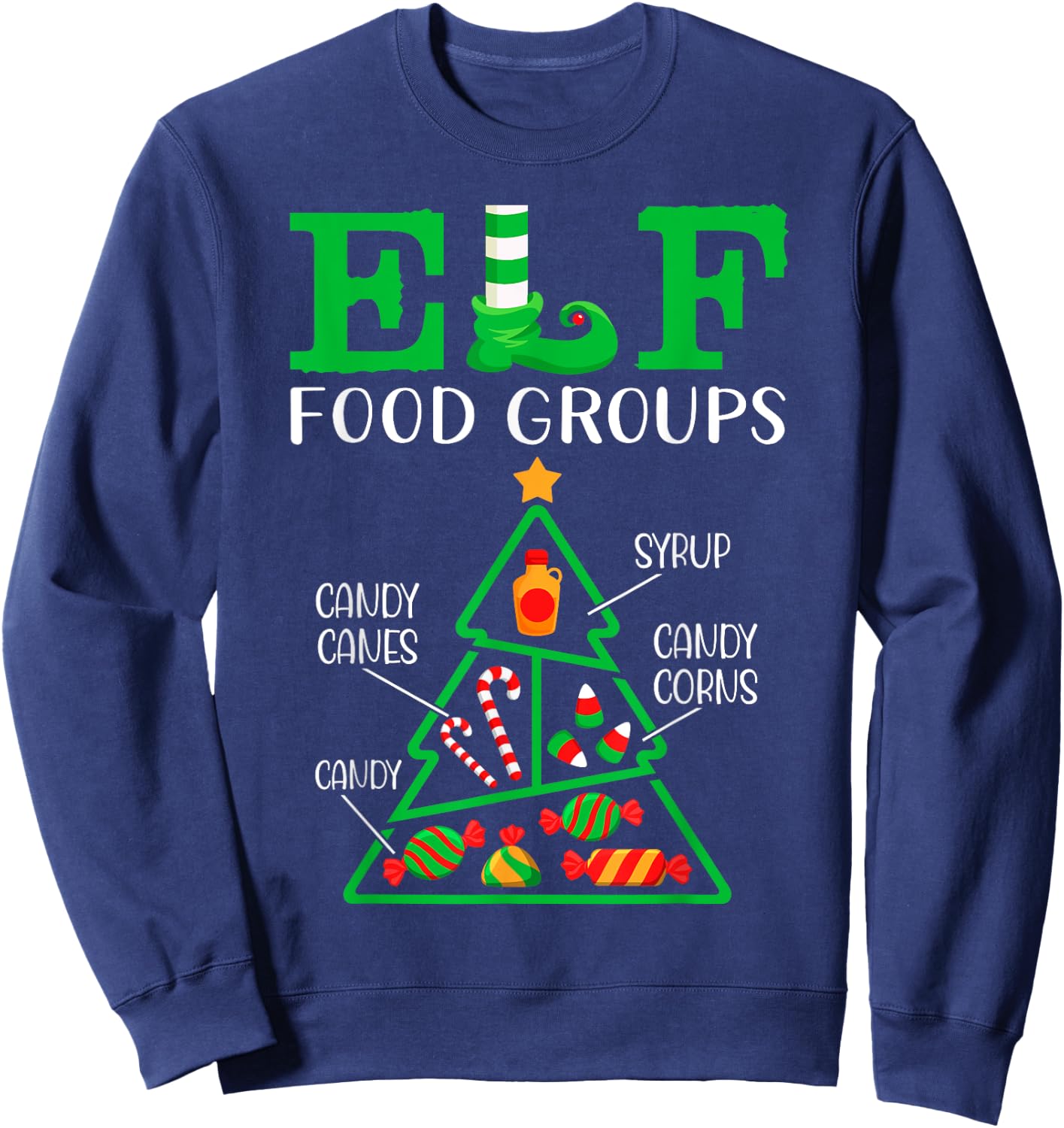 Candy - Candy Canes - Candy Corns - Syrup - ELF Food Groups Sweatshirt - Sweatshirt | Navy