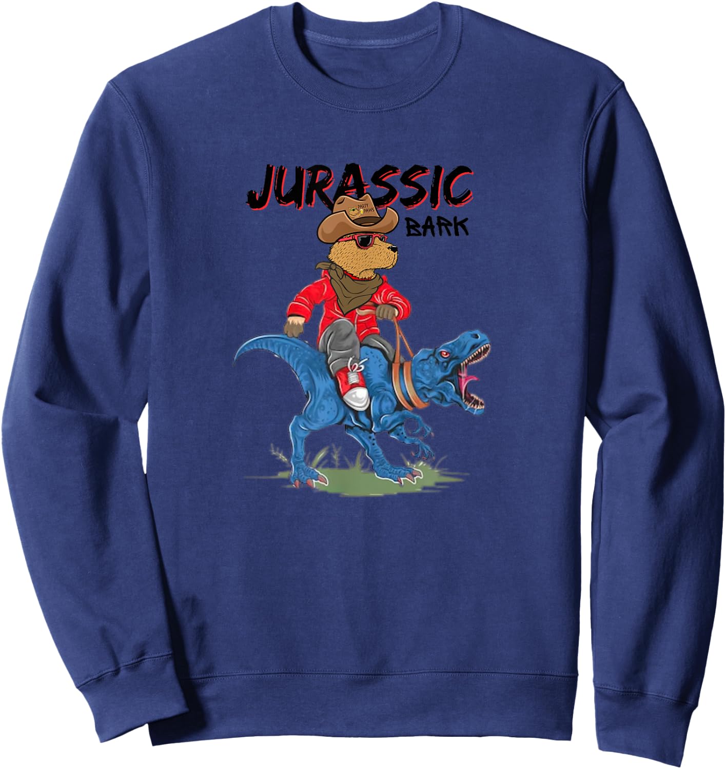 Jurassic Bark Funny Dog Riding Dinosaur Pun Dog Owners Jokes Men Women Kids Sweatshirt - Sweatshirt | Navy
