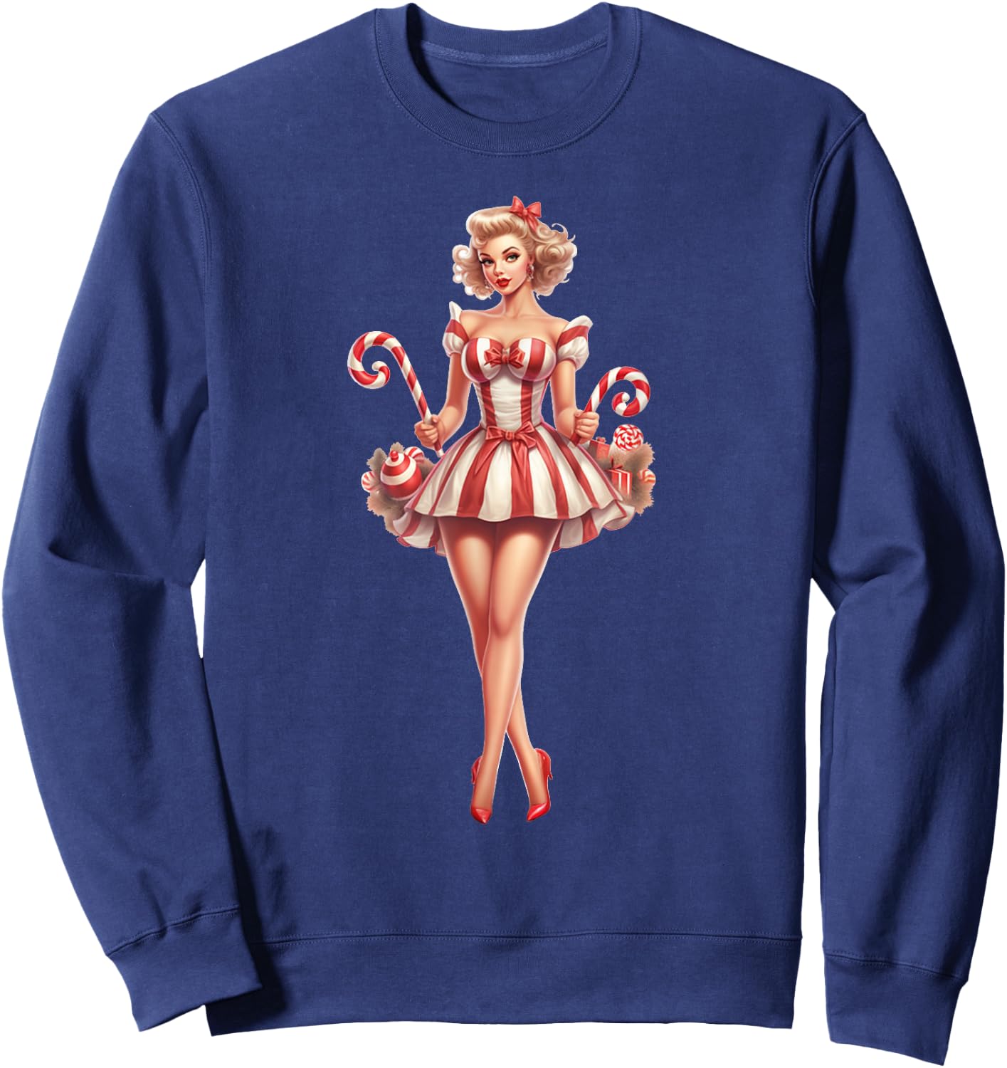 Christmas Pinup Girl With Christmas Candy Sweatshirt - Sweatshirt | Navy