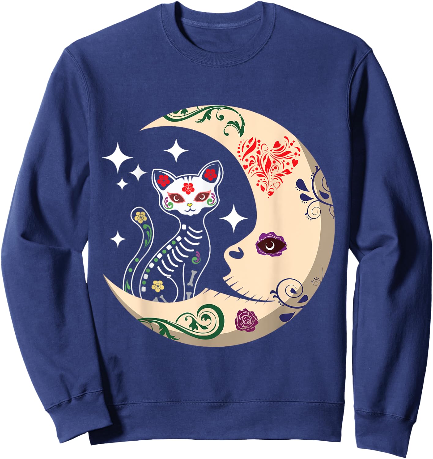 Souls Day Los Muertos Day Of Dead Sugar Cat Moon Floral Sweatshirt - Sweatshirt | Navy