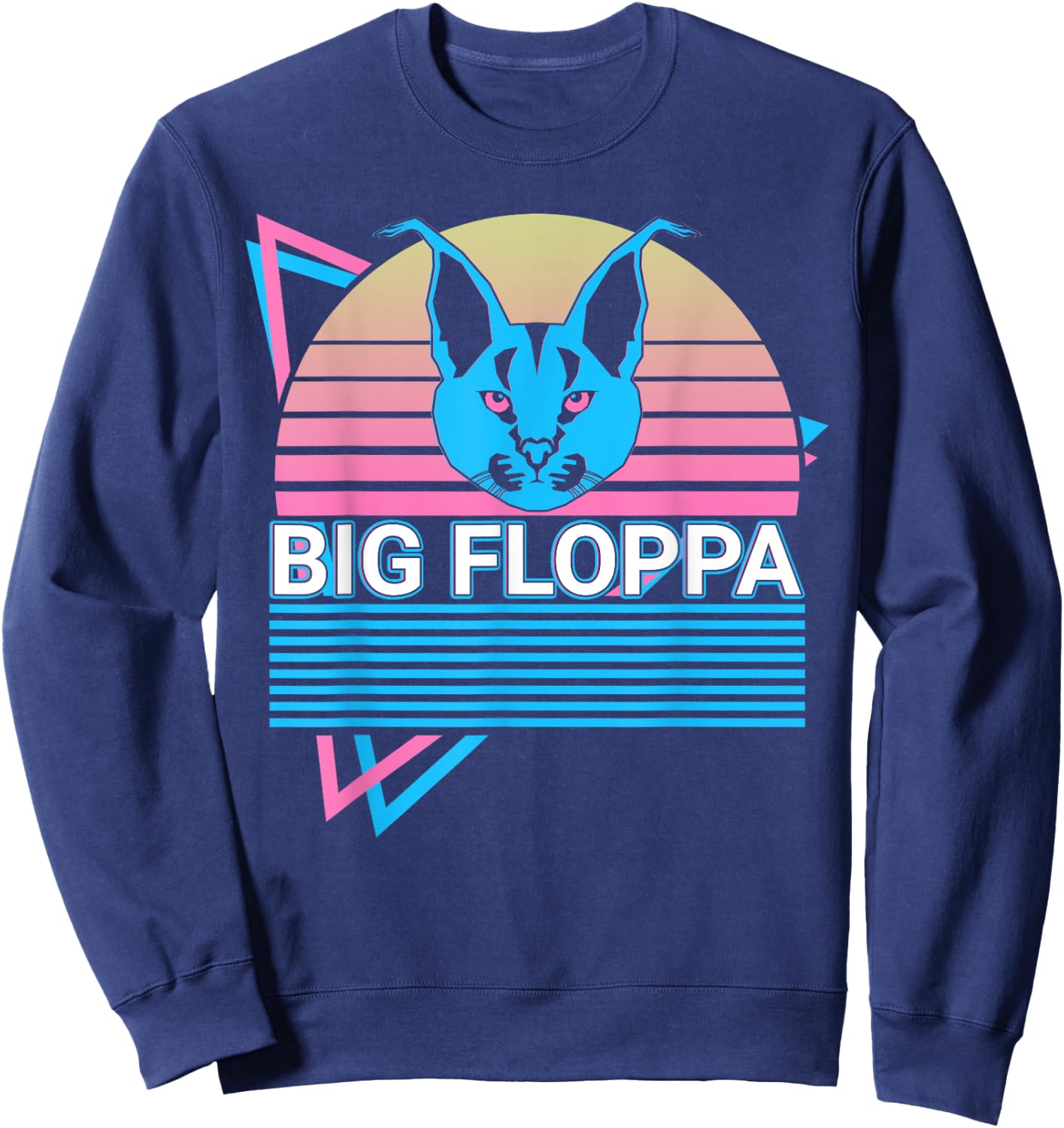 Big Floppa Caracal Cat Meme Retro Men Women Girls Kids Sweatshirt - Sweatshirt | Navy