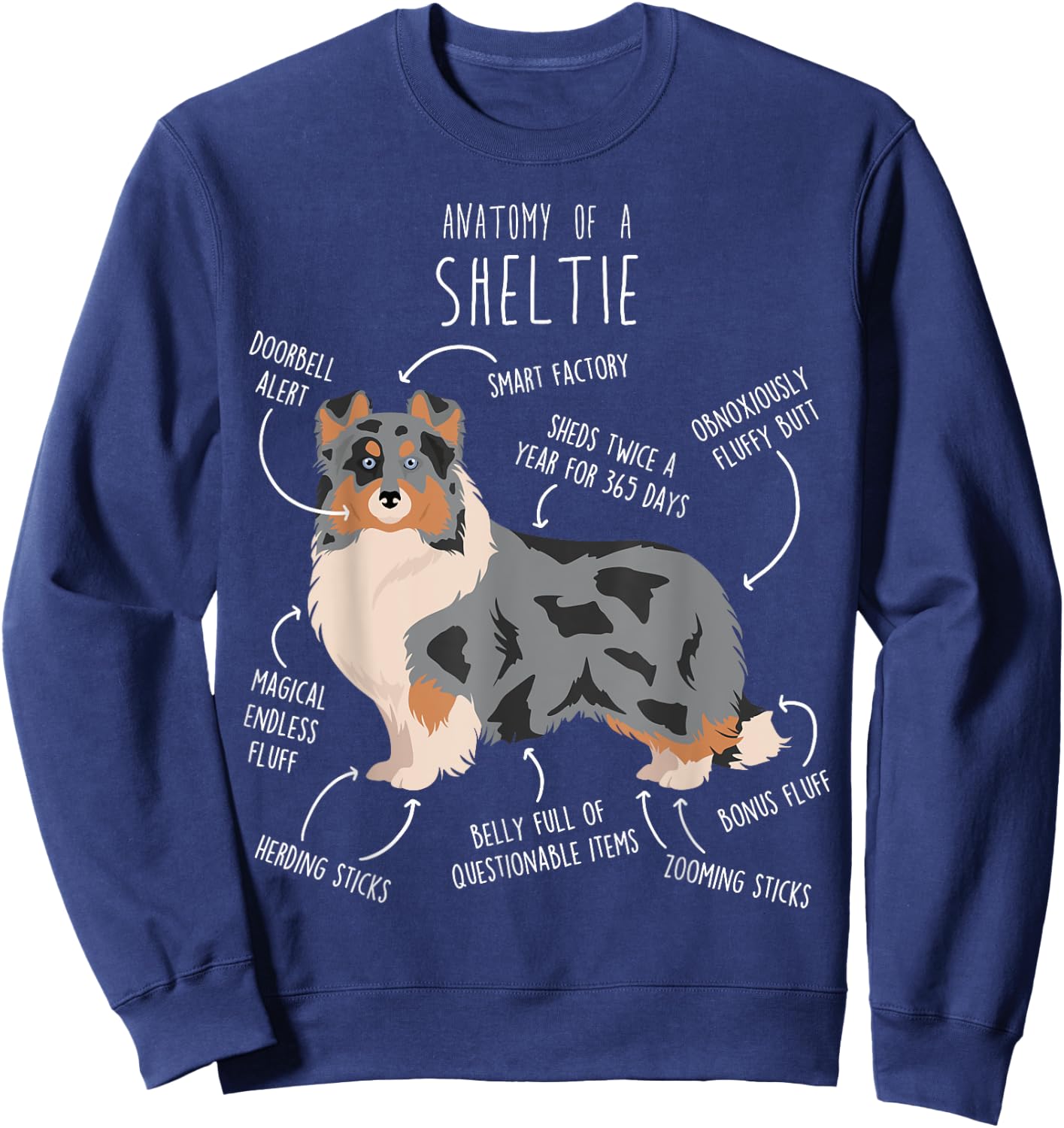 Blue Merle Sheltie Shetland Sheepdog Anatomy, Funny Cute Dog Sweatshirt - Sweatshirt | Navy