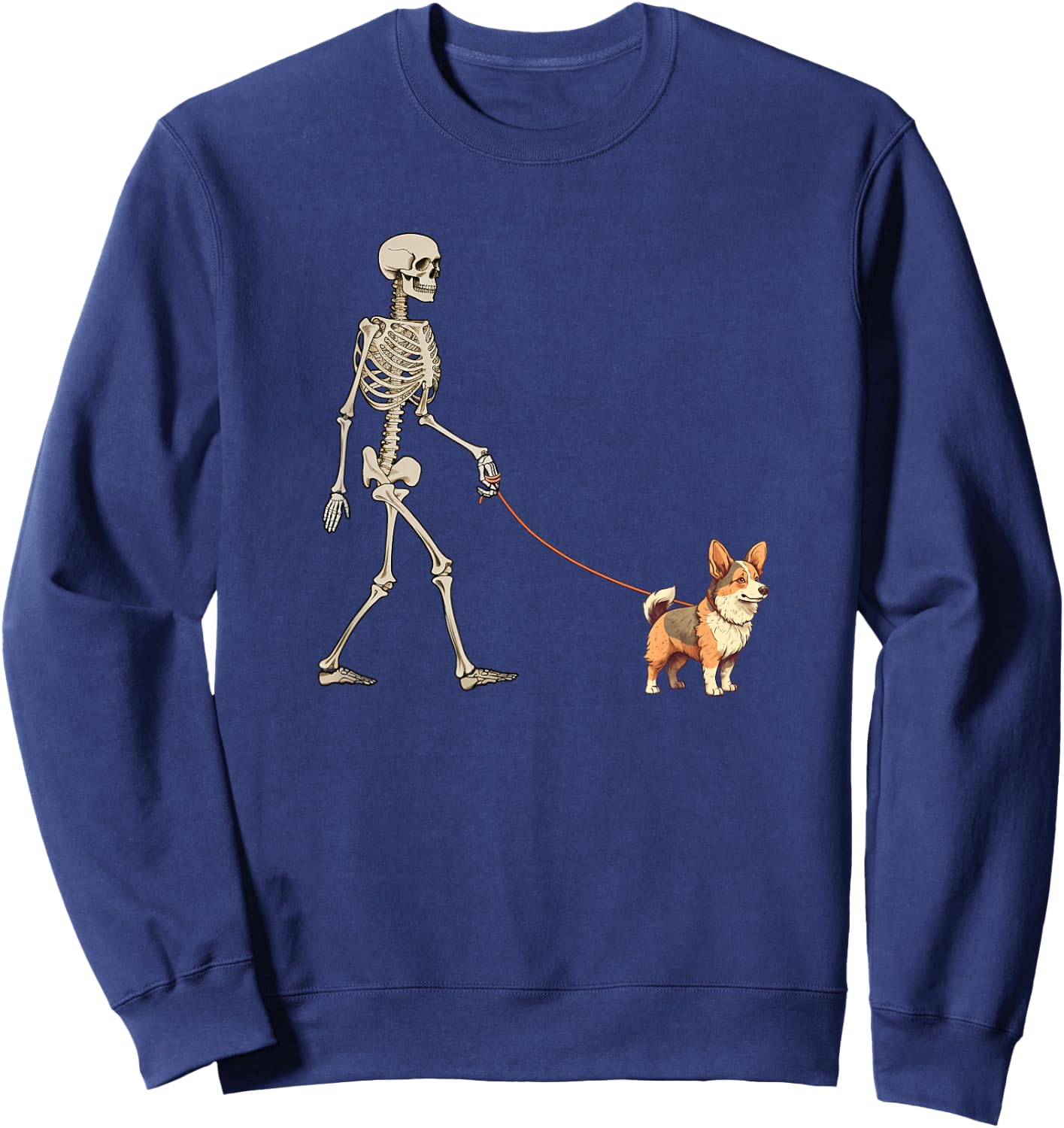 Funny Tri Color Corgi Skeleton Dog Walking Halloween Dog Sweatshirt - Sweatshirt | Navy