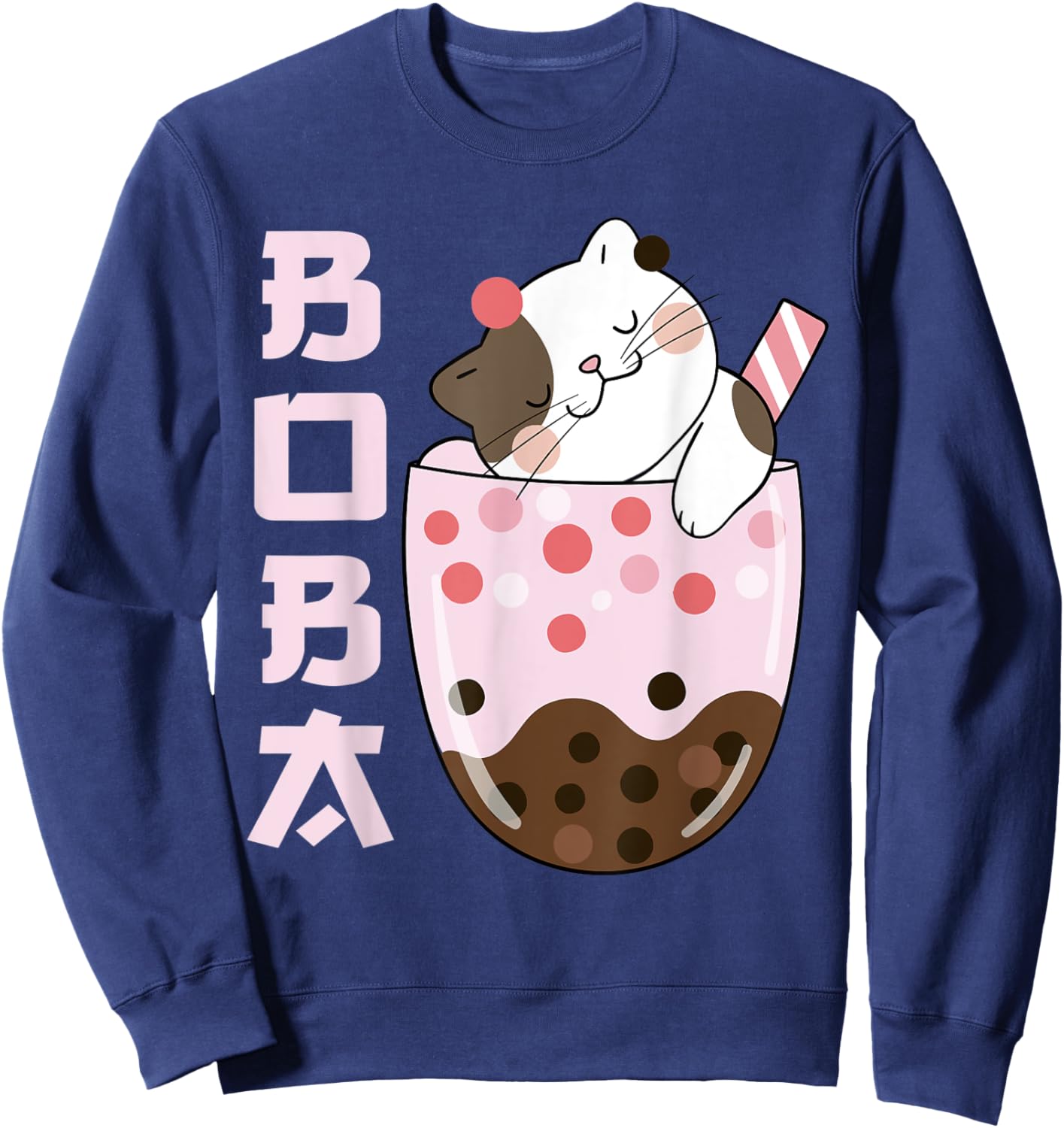 Kawaii Cat Bubble Boba Milk Ice Tea Lover Design Cute Anime Men Women Kids Sweatshirt - Sweatshirt | Navy